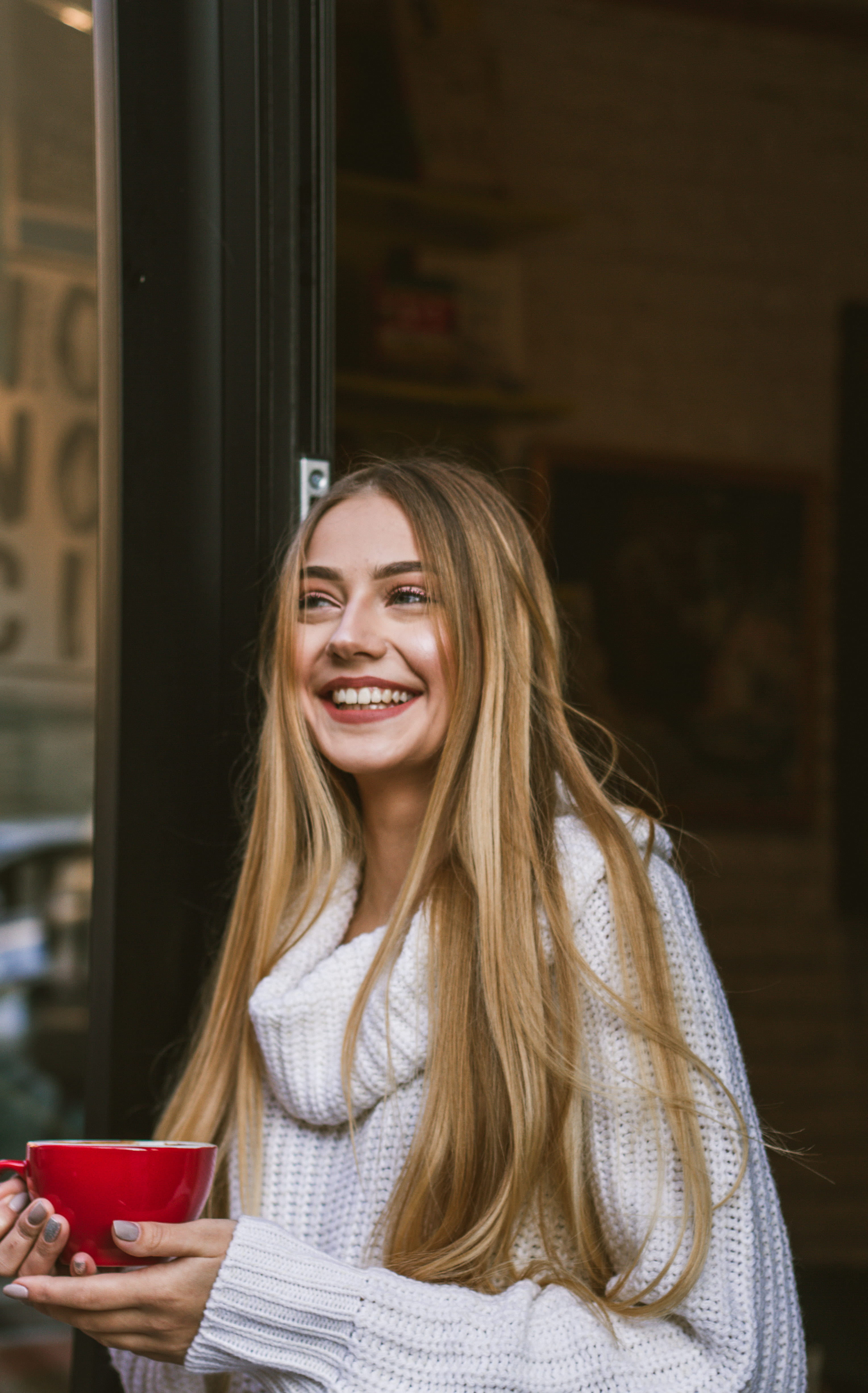 cheerful, one person, young adult, kid, coffeshop, female, emotion, holding, evening dress, gown, teeth, sitting, food and drink, toothy smile, 4K, coffee, Phone HD Wallpaper