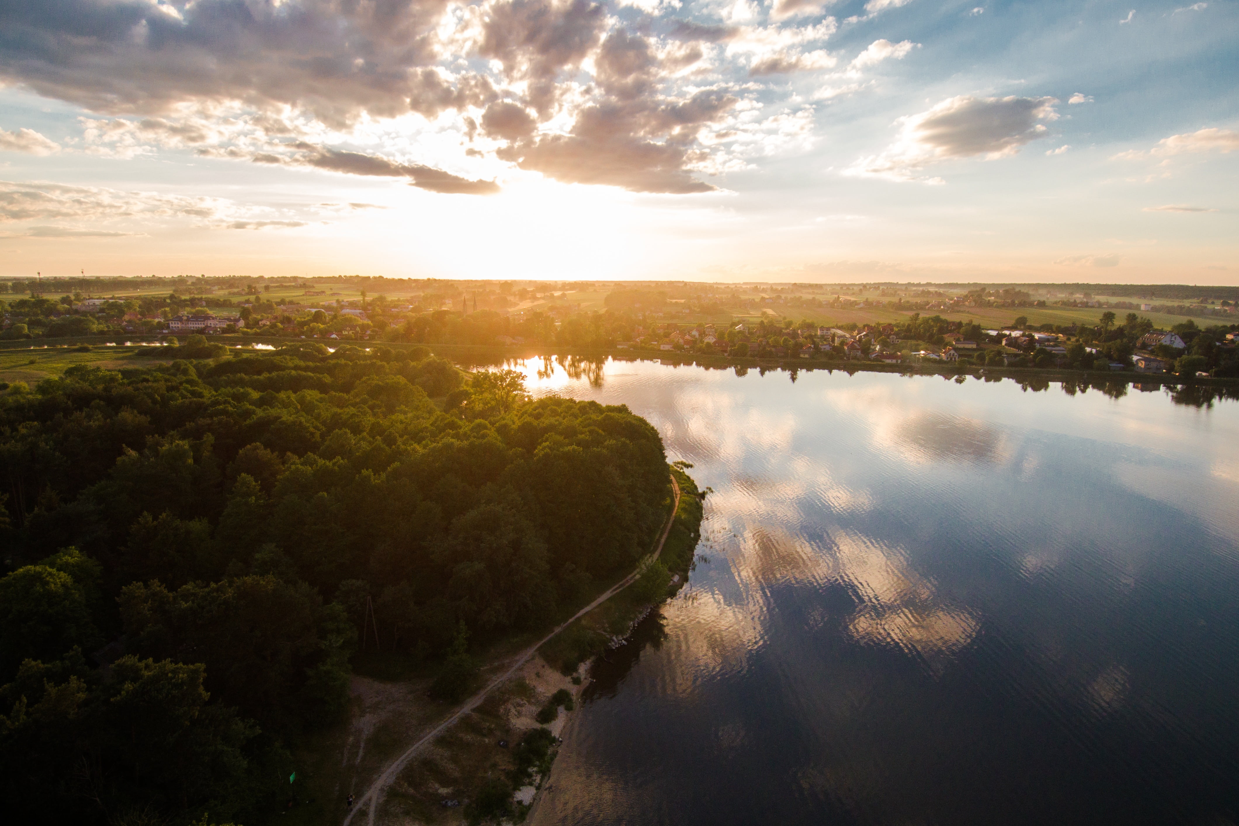 beauty in nature, no people, tree, tranquil scene, zemborzycki bay, 4K, forest, sky, cloud - sky, the sun, west, plant, sunset, water, environment, lake, HD Wallpaper