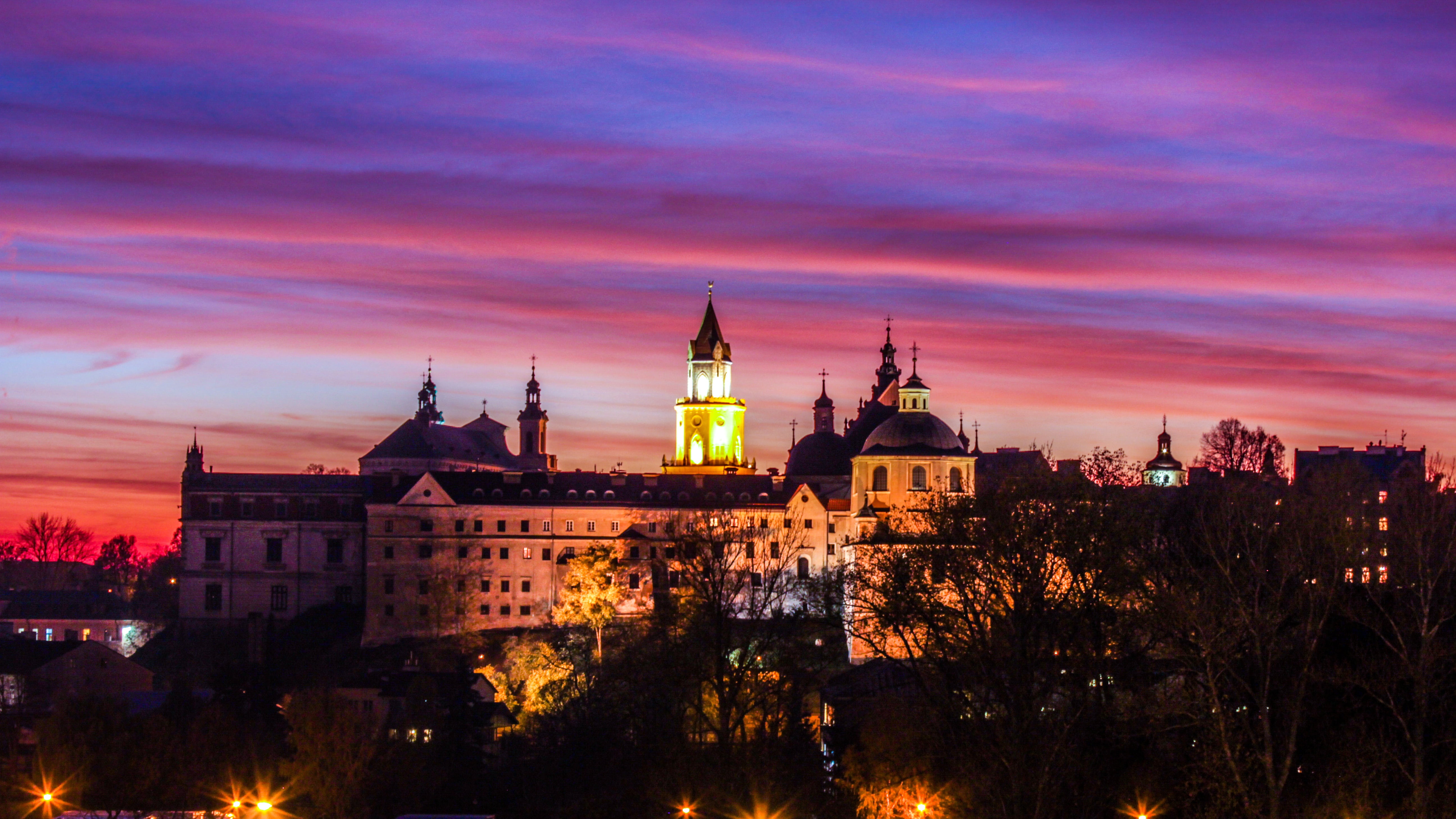 illuminated, city, buildings, sky, nature, cloud - sky, monument, sunset, panorama, 5K, night, government, no people, tower, building, poland, architecture, HD Wallpaper