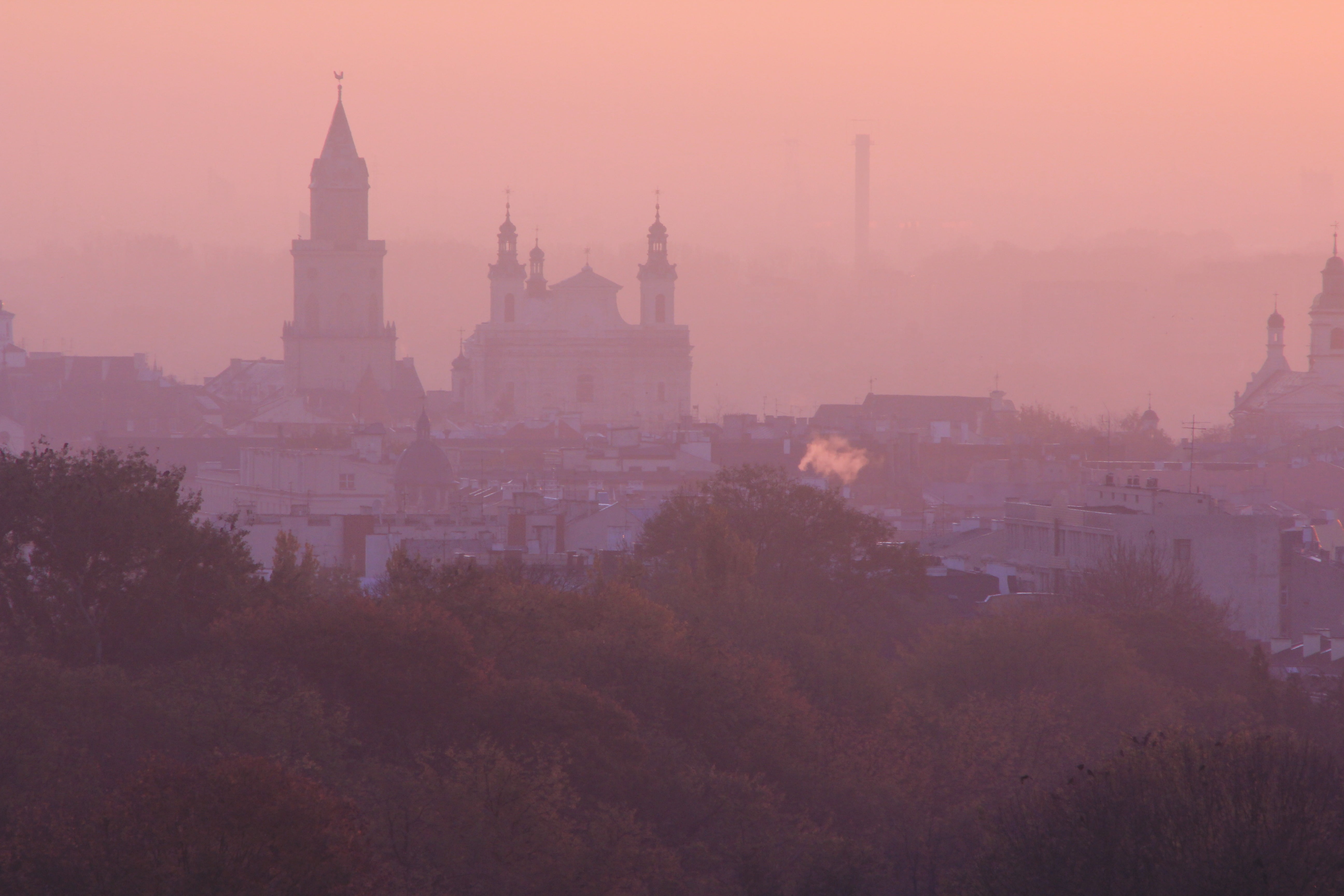 plant, fog, cityscape, government, poland, smog, 5K, building, outdoors, no people, sunset, sky, architecture, lublin, pollution, city, the cathedral, HD Wallpaper