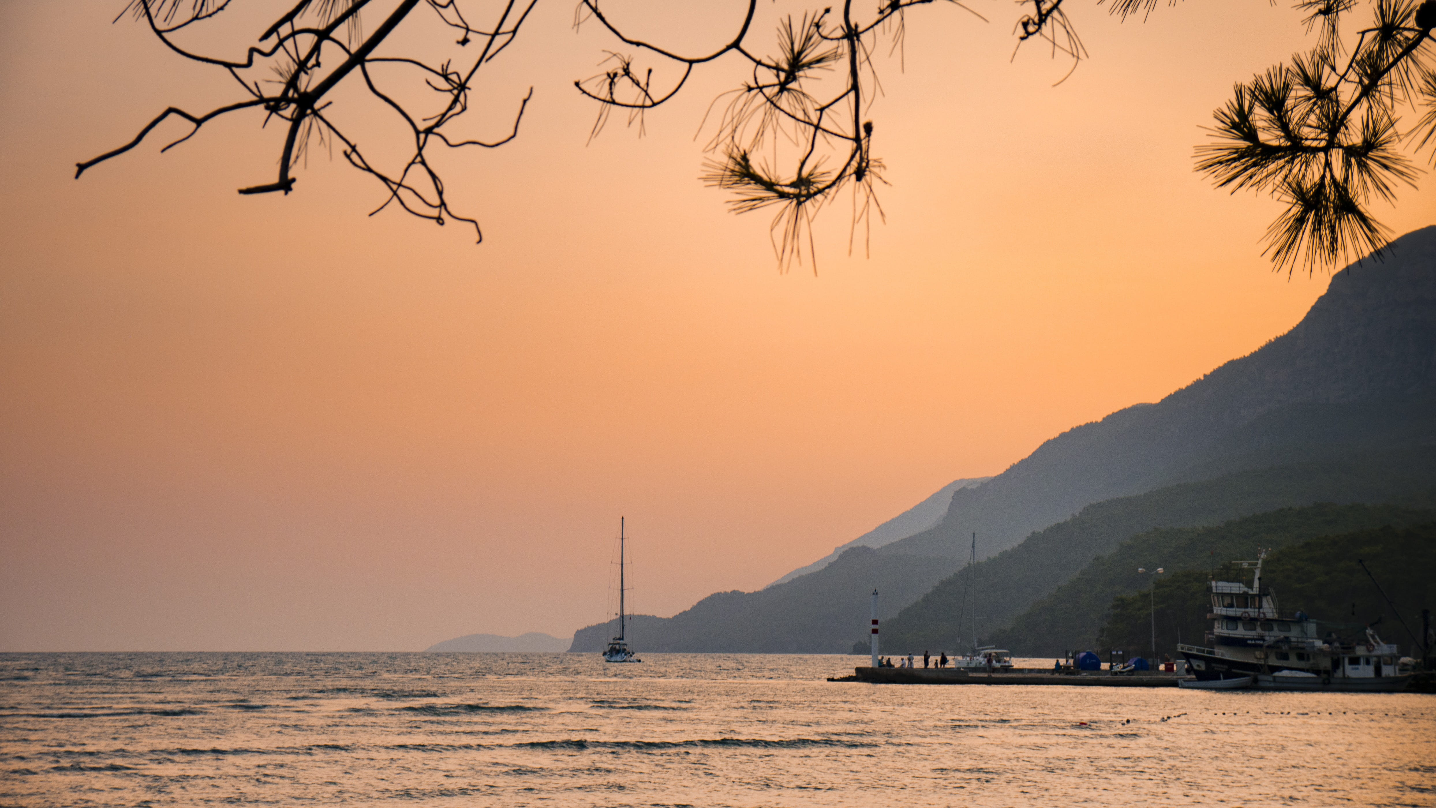 nautical vessel, sky, mountain, travel destinations, tranquility, sea, marine, landscape, gunbatimi, land, water, natural, sunset, Marmaris, sailboat, tree, HD Wallpaper