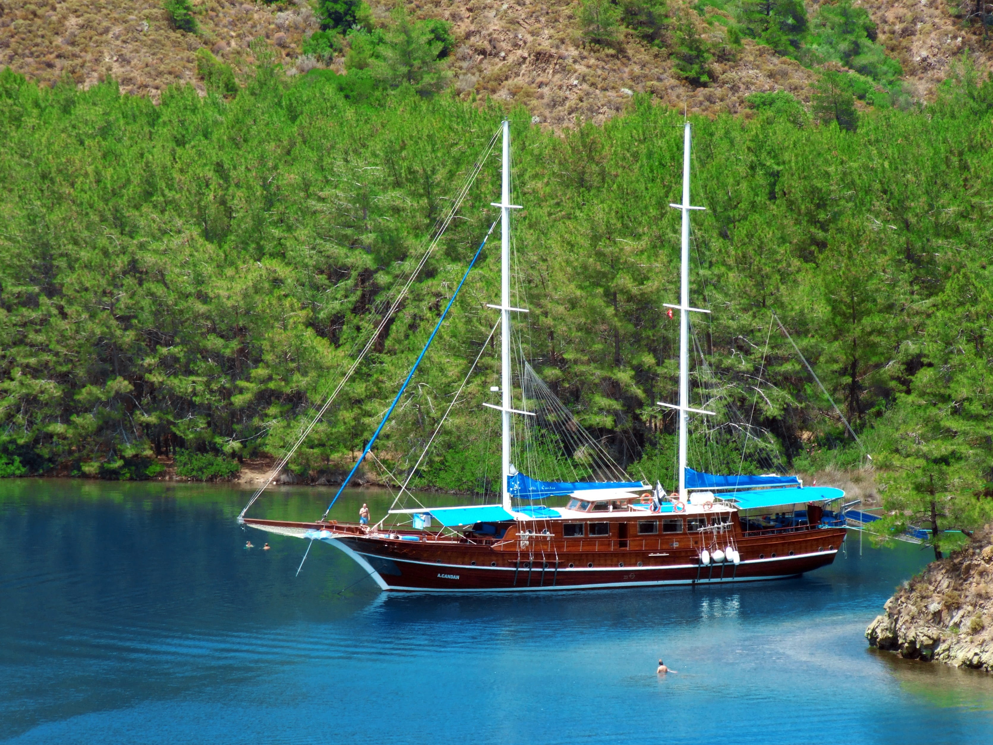 day, outdoors, green, beauty in nature, growth, sailboat, yacht, nautical vessel, blue, luxury, boat, sky, 2K, land, green color, landscape, tree, white, HD Wallpaper