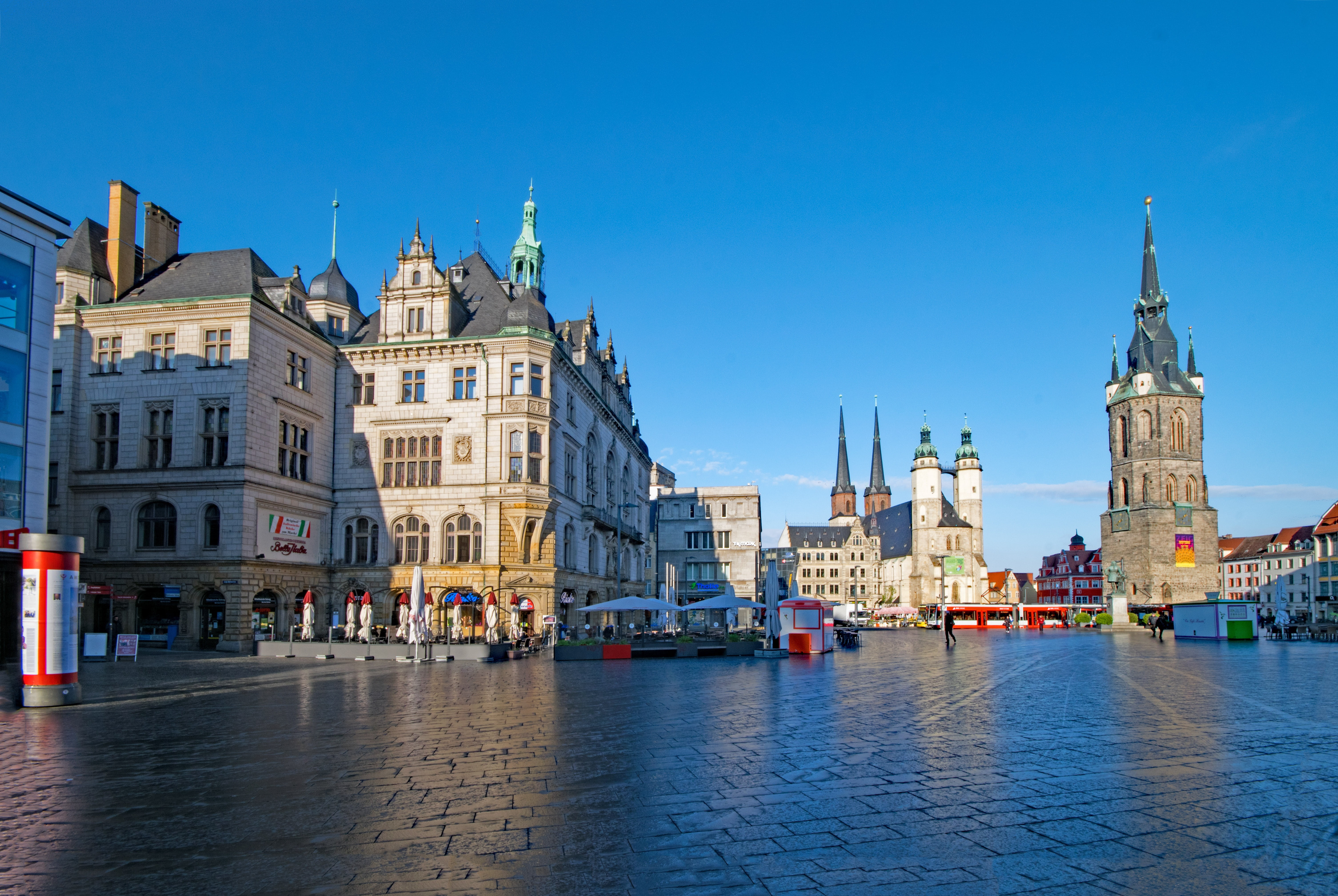 water, spire, cityscape, place of worship, red tower, nature, places of interest, city, built structure, germany, daytime, st marys church, urban skyline, HD Wallpaper
