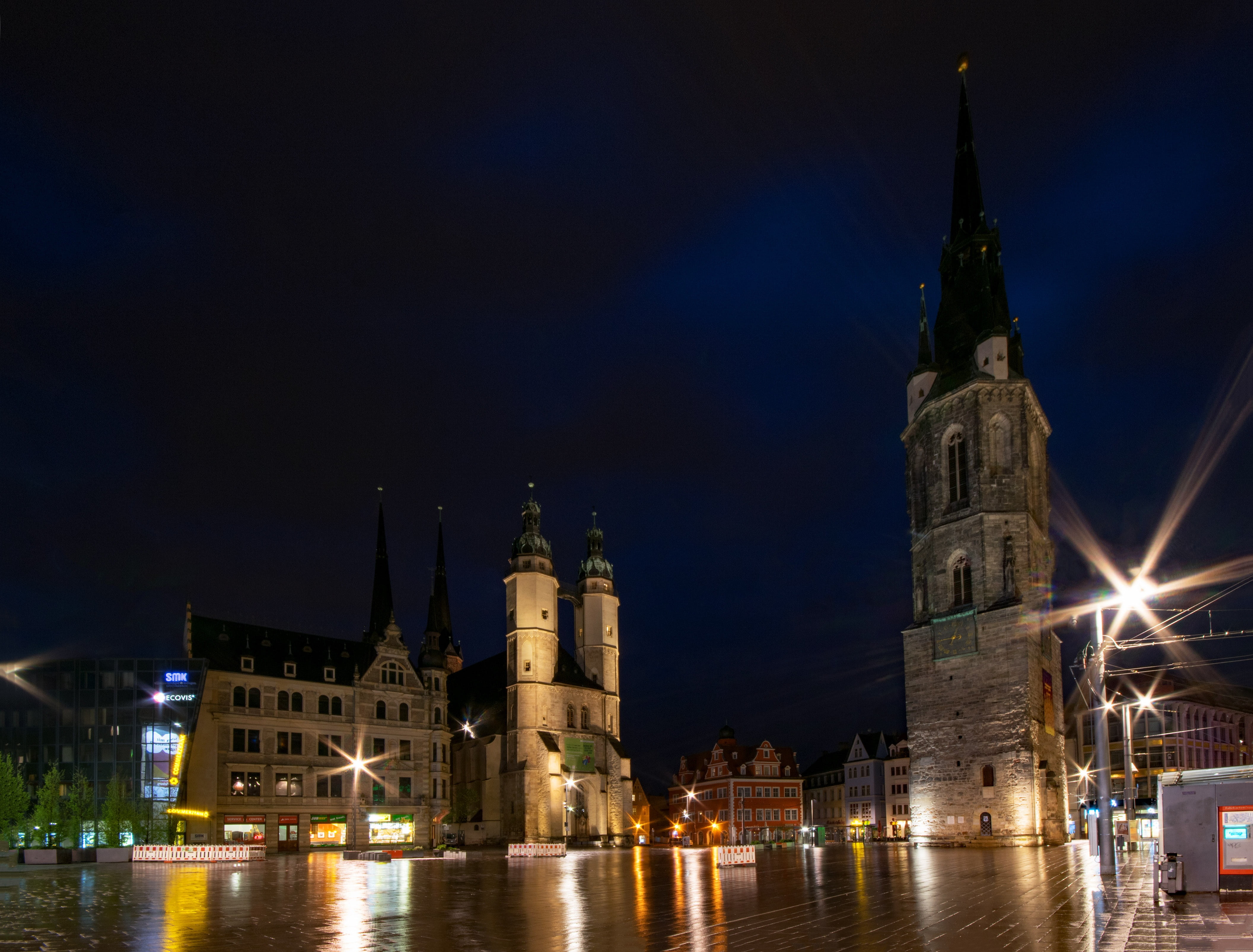 marketplace, government, building, architecture, church, no people, faith, clock tower, blue hour, st marys church, saale, saxony-anhalt, illuminated, clock, HD Wallpaper