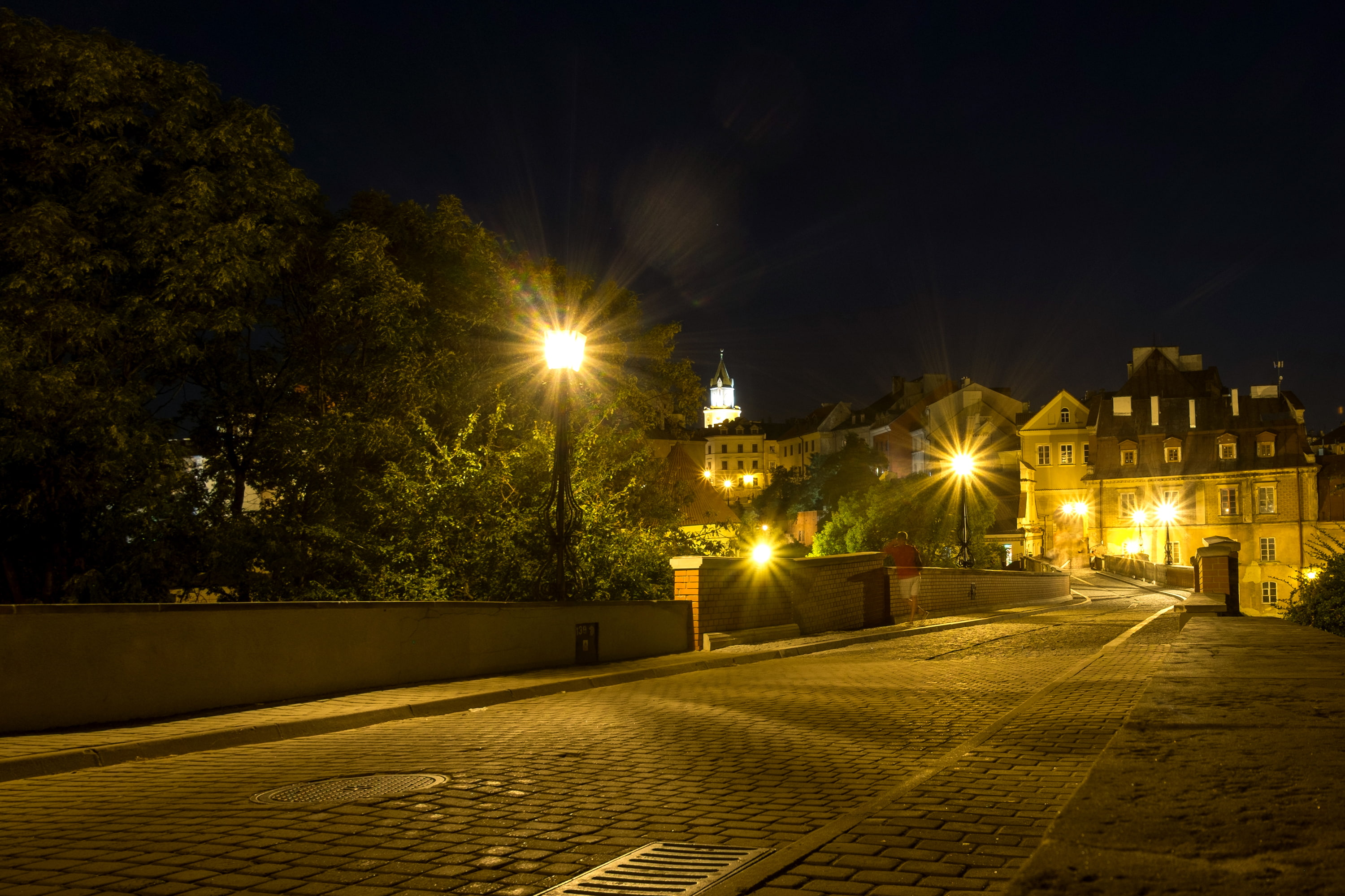 trees, Poland, bridge, night, road, Lublin, home, 2K, lights, HD Wallpaper