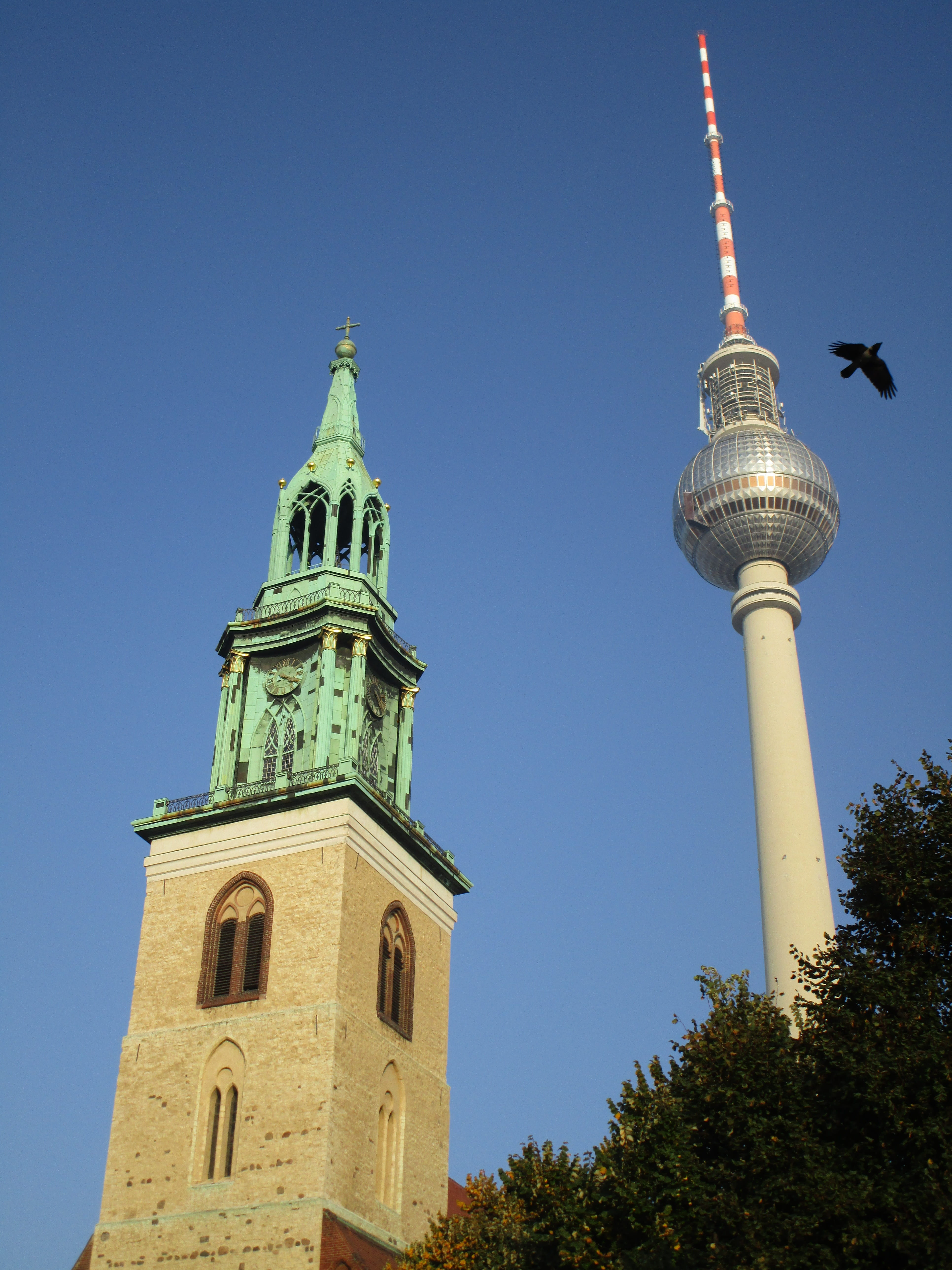 tree, building, built structure, belief, building exterior, church, landmark, telespargel, tv tower, no people, sky, 5K, tourism, ball, place of worship, Phone HD Wallpaper