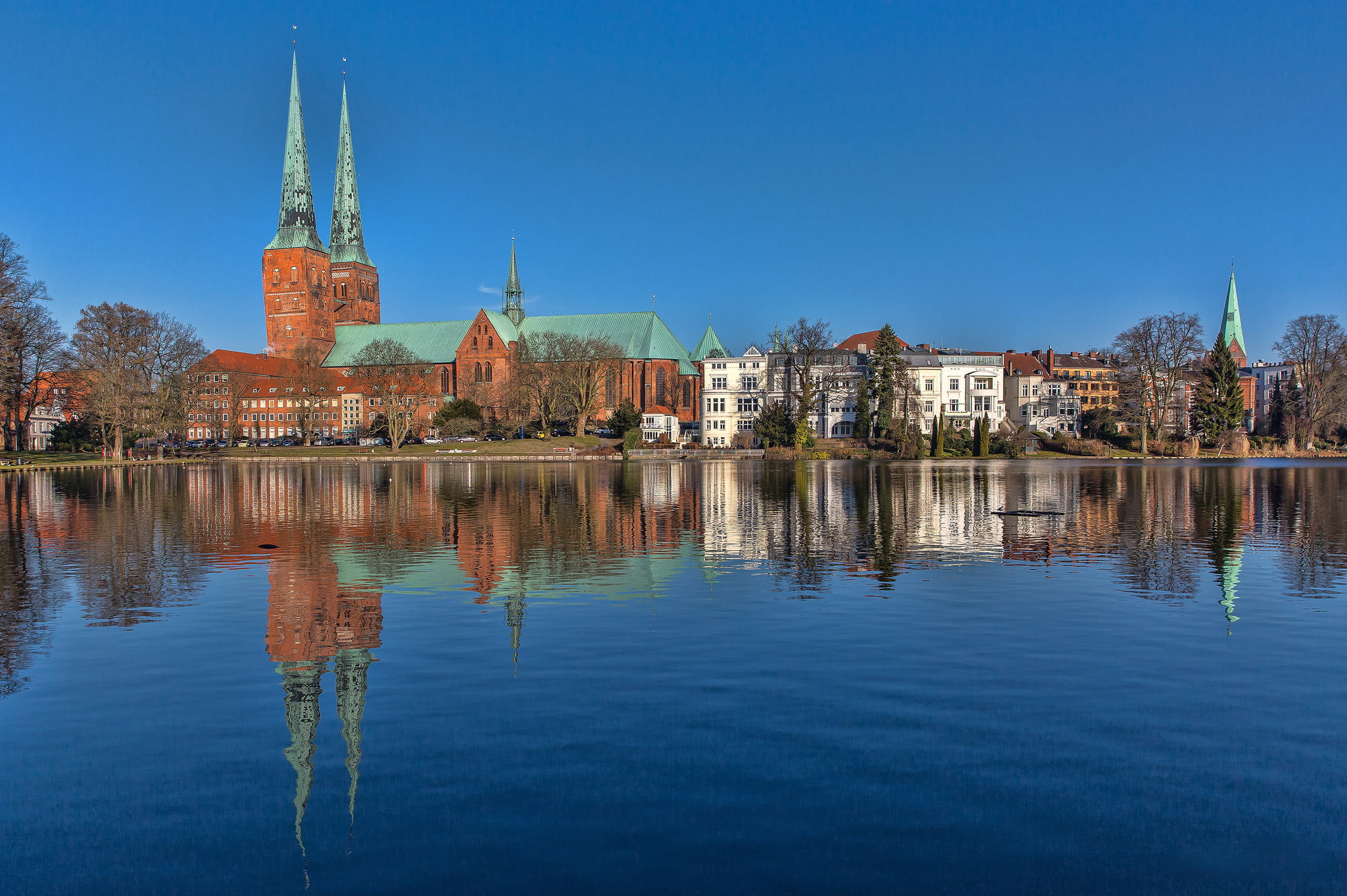 Germany, St. Marys Church, blue, Schleswig-Holstein, reflection, Lubeck, The grass river, 1080P, mirror, the sky, HD Wallpaper