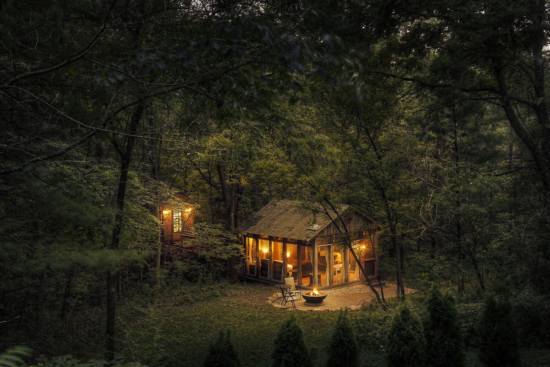 cabin, 1080P, forest, house, nature, lights, wood, fire, trees, HD Wallpaper