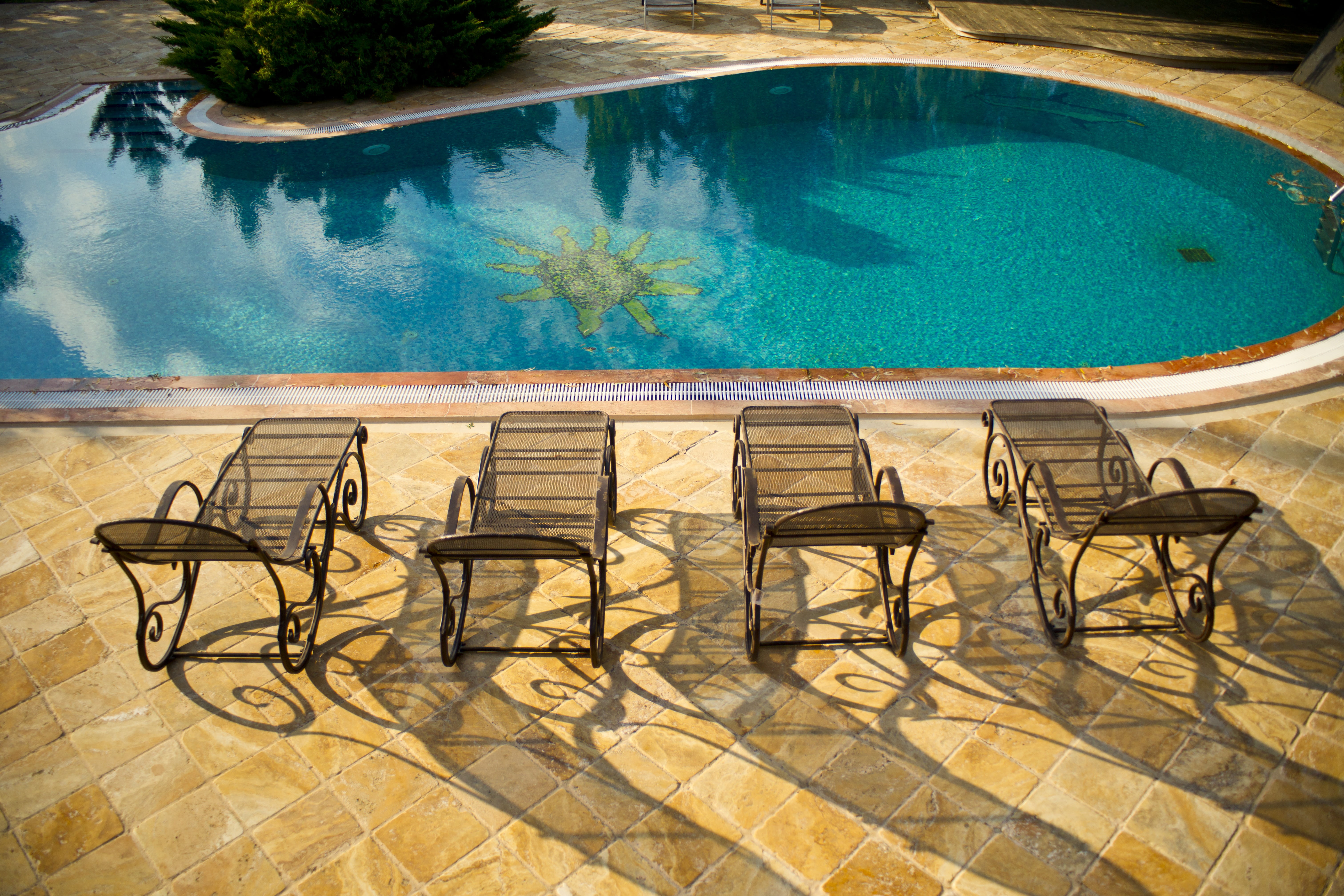 architecture, shadow, decoration, day, comfortable, outdoors, table, landscape, blue, color, sunbathing, water, background, interior architecture, hotel, HD Wallpaper