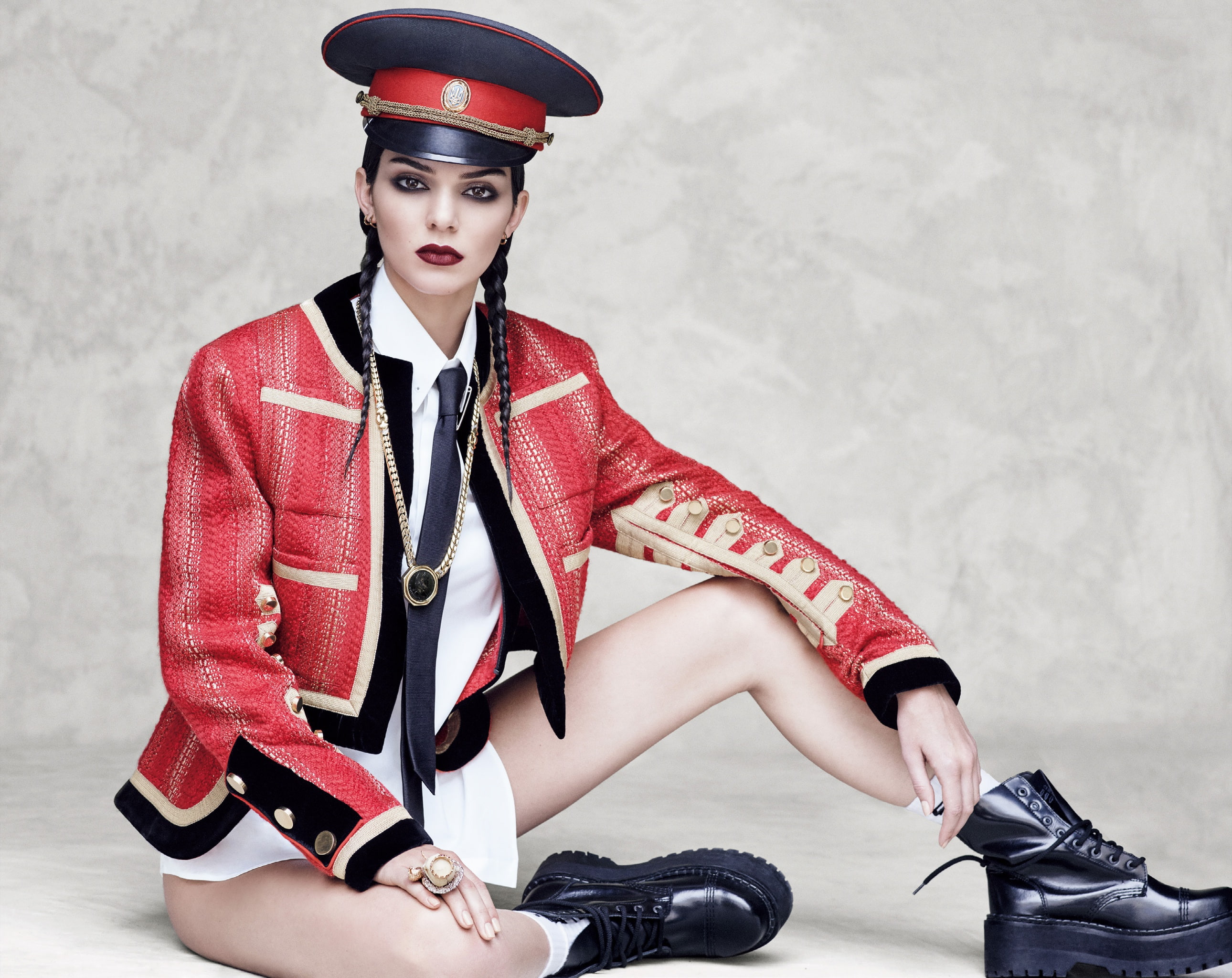 jacket, coat, tie, on the floor, sitting, legs, pose, braids, brunette, model, hairstyle, makeup, Vogue, cap, 2K, shirt, photoshoot, Kendall Jenner, Iango, HD Wallpaper