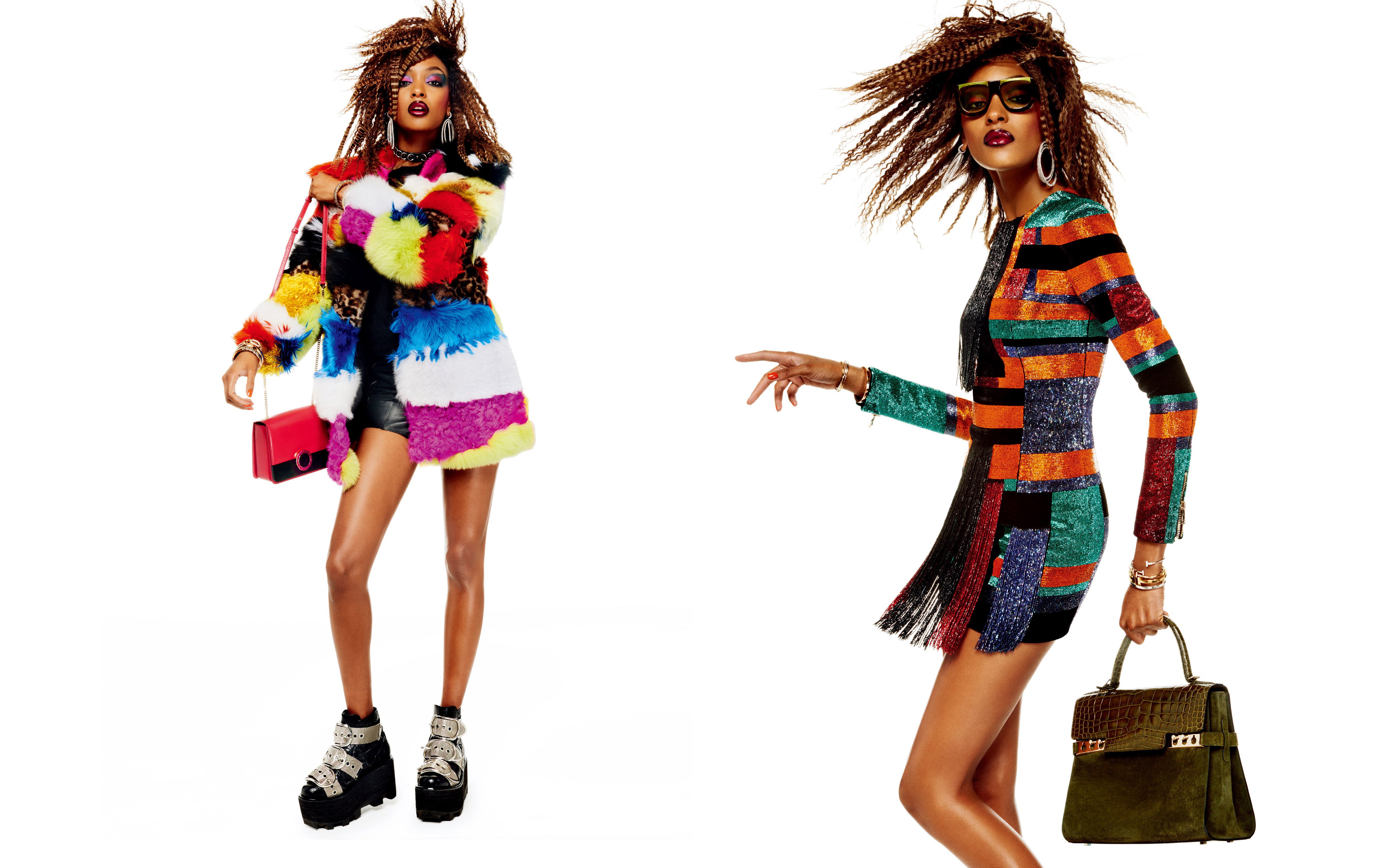 decoration, 4K, glasses, bright, figure, hairstyle, shoes, Vogue, white background, fur, makeup, Jourdan Dunn, collage, brown hair, Giampaolo Sgura, dress, HD Wallpaper