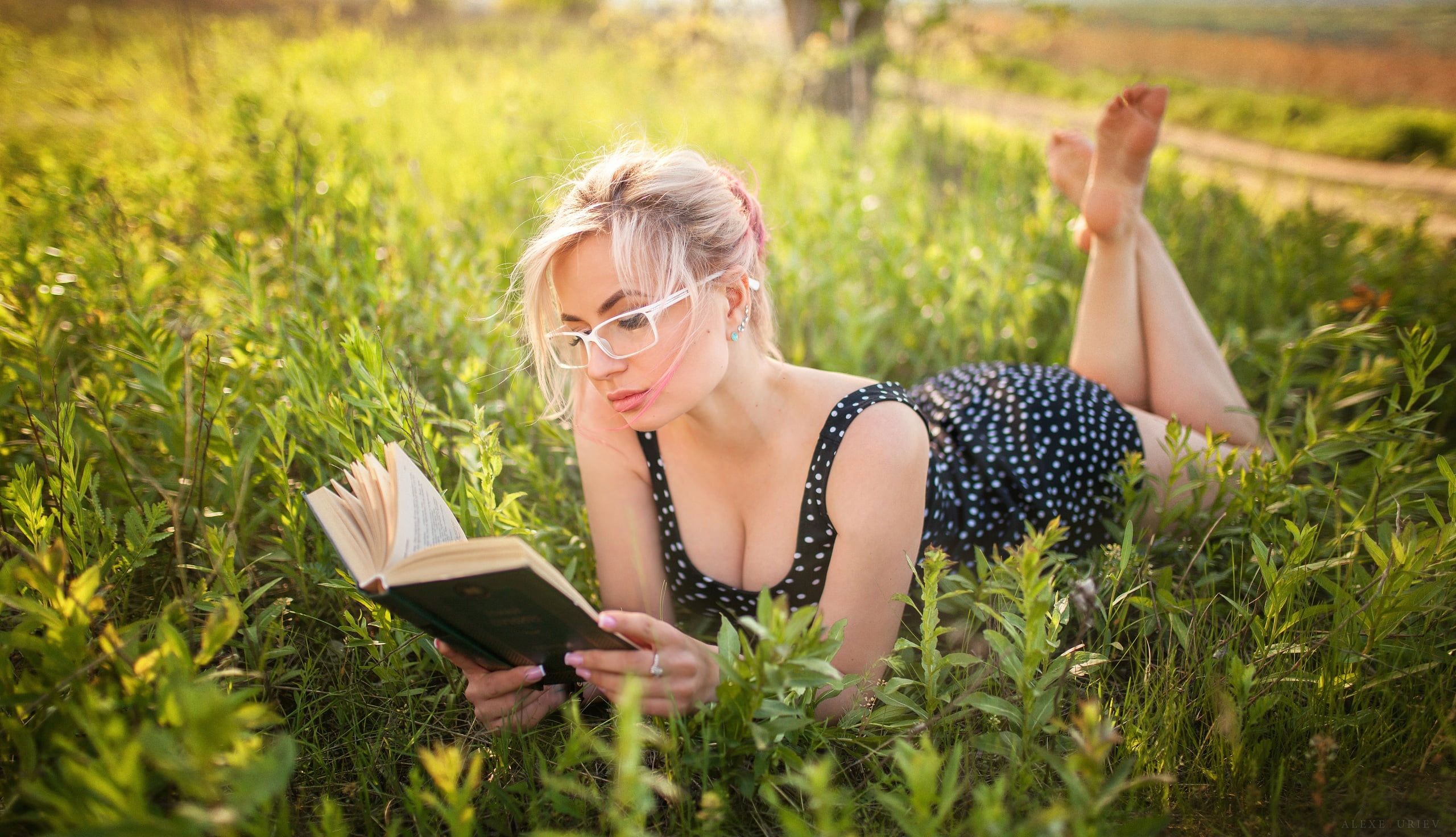 Alexey Yuriev, lies, nature, bokeh, glasses, blonde, dress, greens, portrait, beauty, Alexey Yuryev, the sun, reads, barefoot, model, makeup, on the grass, HD Wallpaper