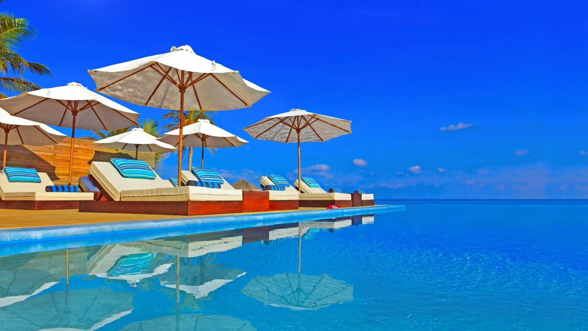 tourism, tranquility, day, vacation, resort, water, azure, relax, horizon over water, beauty in nature, 1080P, relaxing, trip, sky, no people, swimming pool, HD Wallpaper