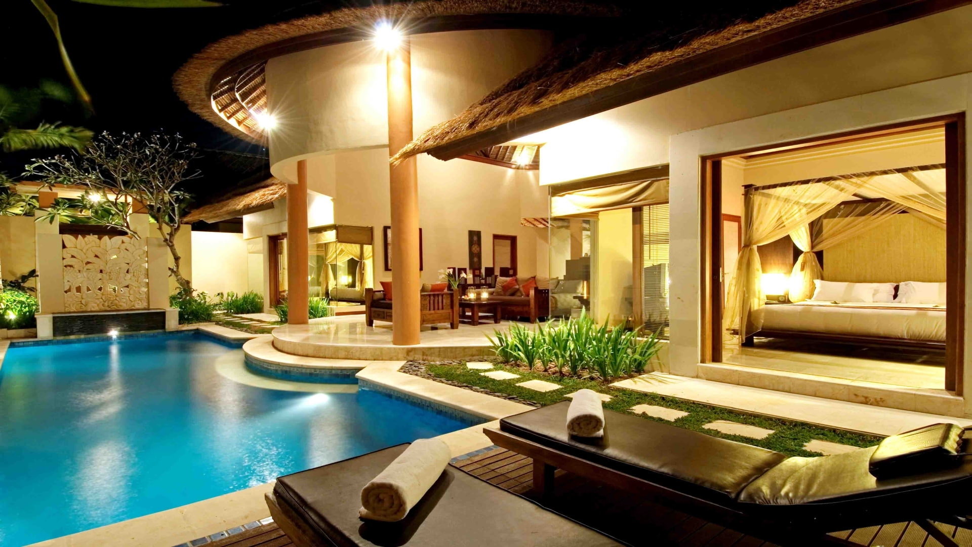 pool, table, sunbeds, sofas, night, 1080P, sun loungers, Villa, the evening, cottage, water, HD Wallpaper