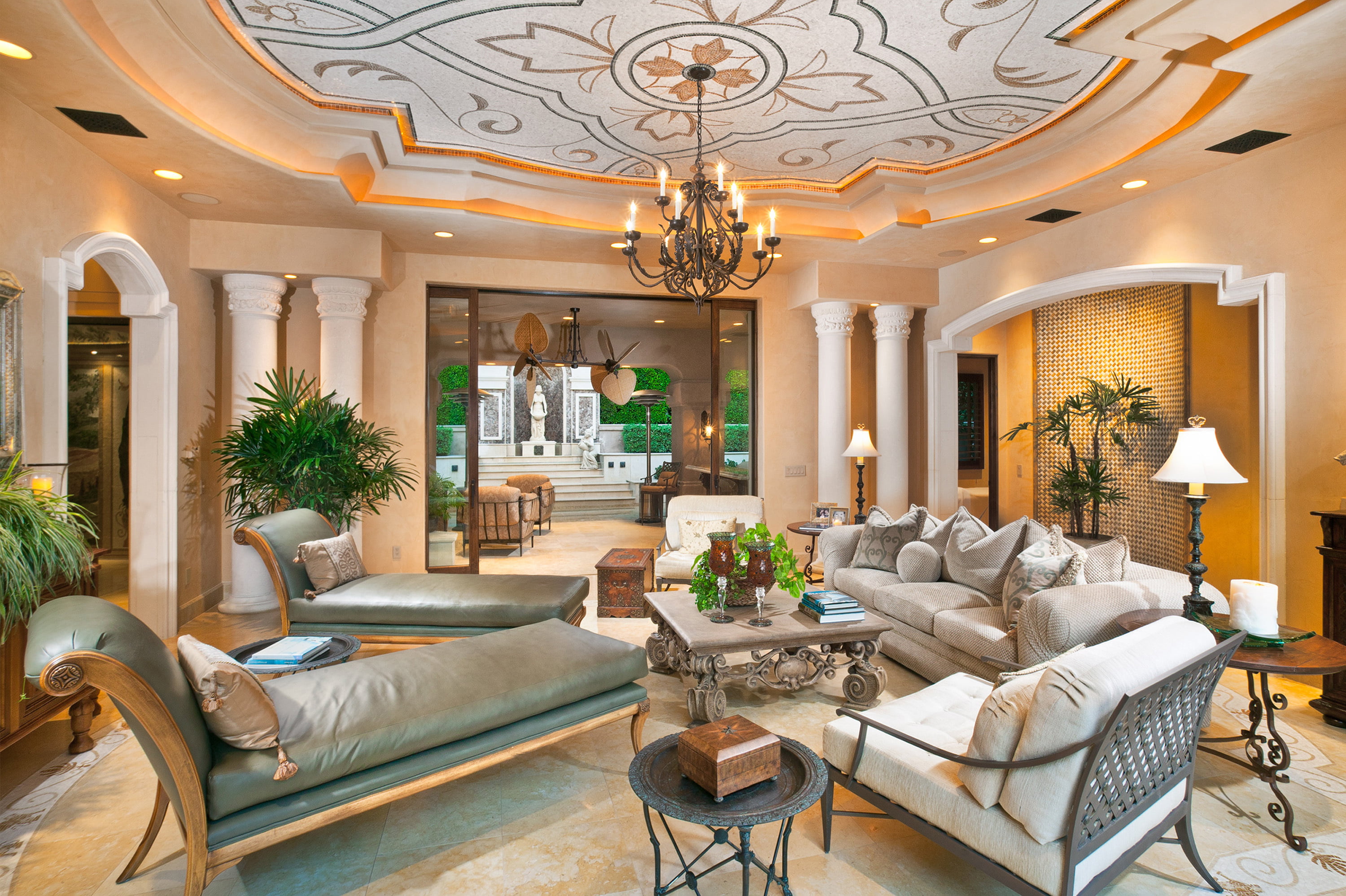 columns, chandelier, architecture, interior, domestic room, no people, desigen, seat, modern, built structure, coffee table, home, furniture, design, upper class, HD Wallpaper