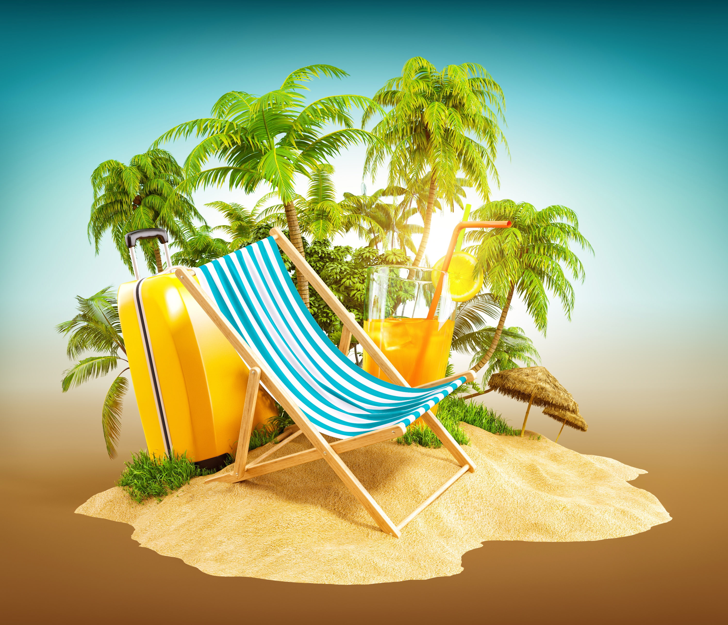 sand, island, suitcase, sunbed, 2K, creative, stay, 3D Graphics, tropics, cocktail, palm trees, HD Wallpaper