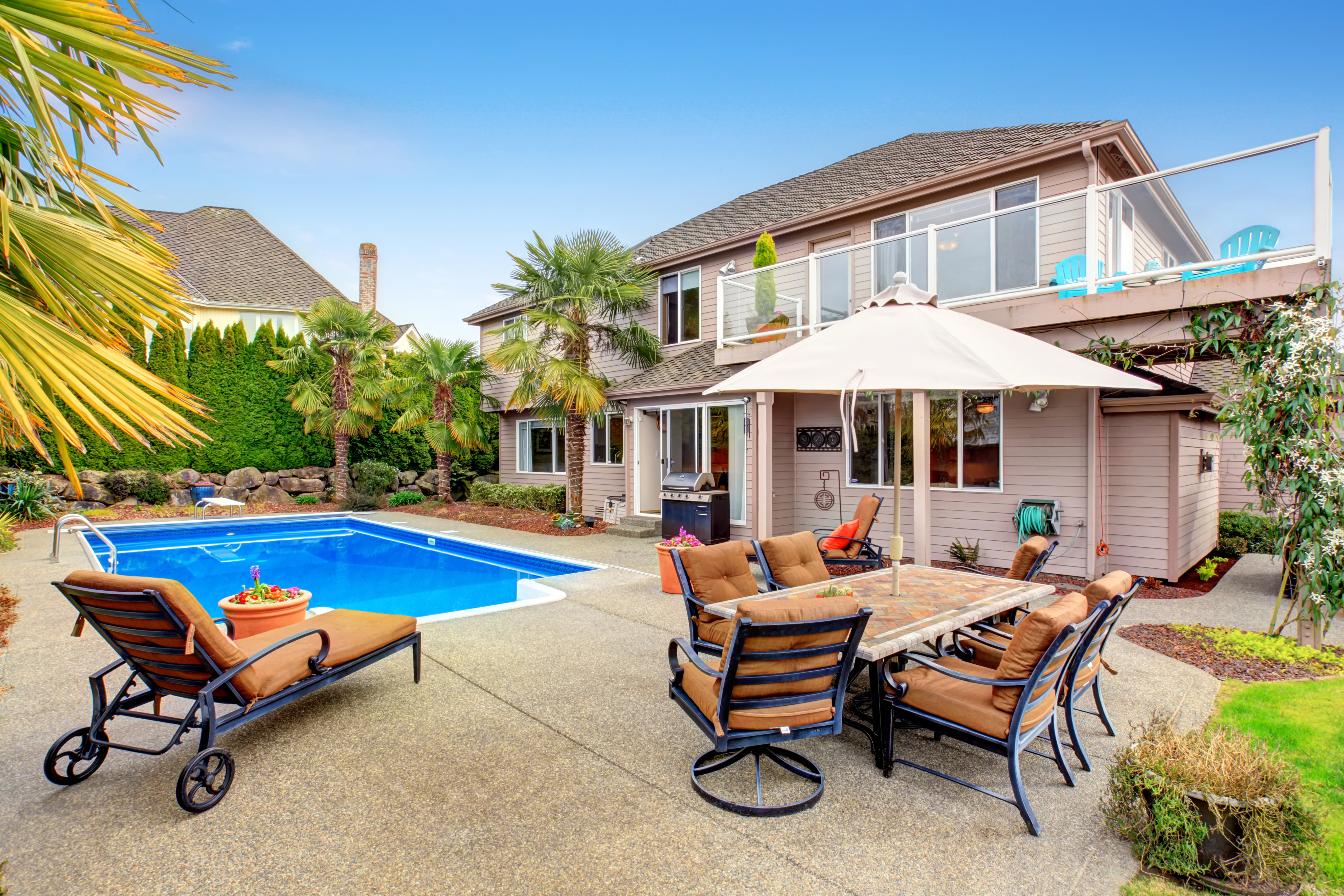 luxury, palm tree, nature, design, pool, chairs, architecture, sky, built structure, seat, palm trees, 5K, building, tropical climate, day, garden, blue, HD Wallpaper