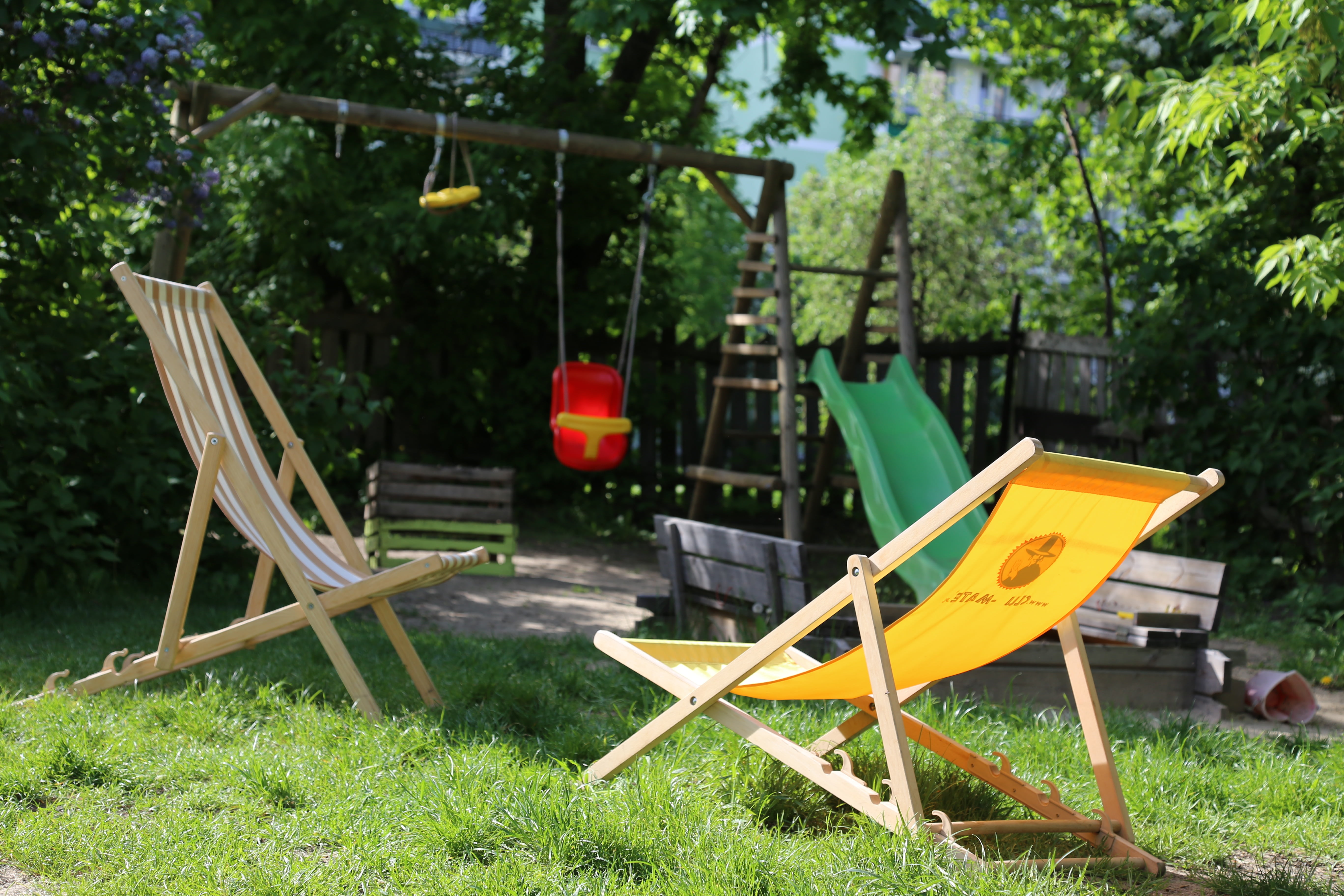 playground, wood - material, focus on foreground, green color, sunbed, plant, empty, chair, day, front or back yard, 5K, outdoors, summer, grass, nature, HD Wallpaper