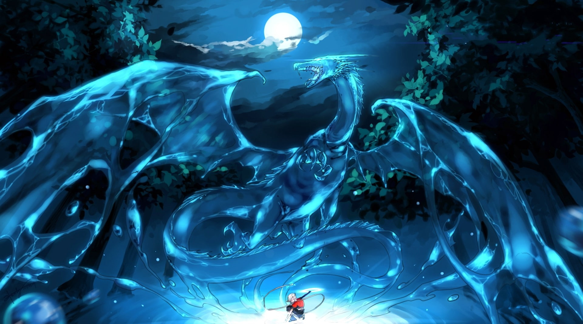fantasy art, Moon, 1080P, creature, dragon, anime, HD Wallpaper
