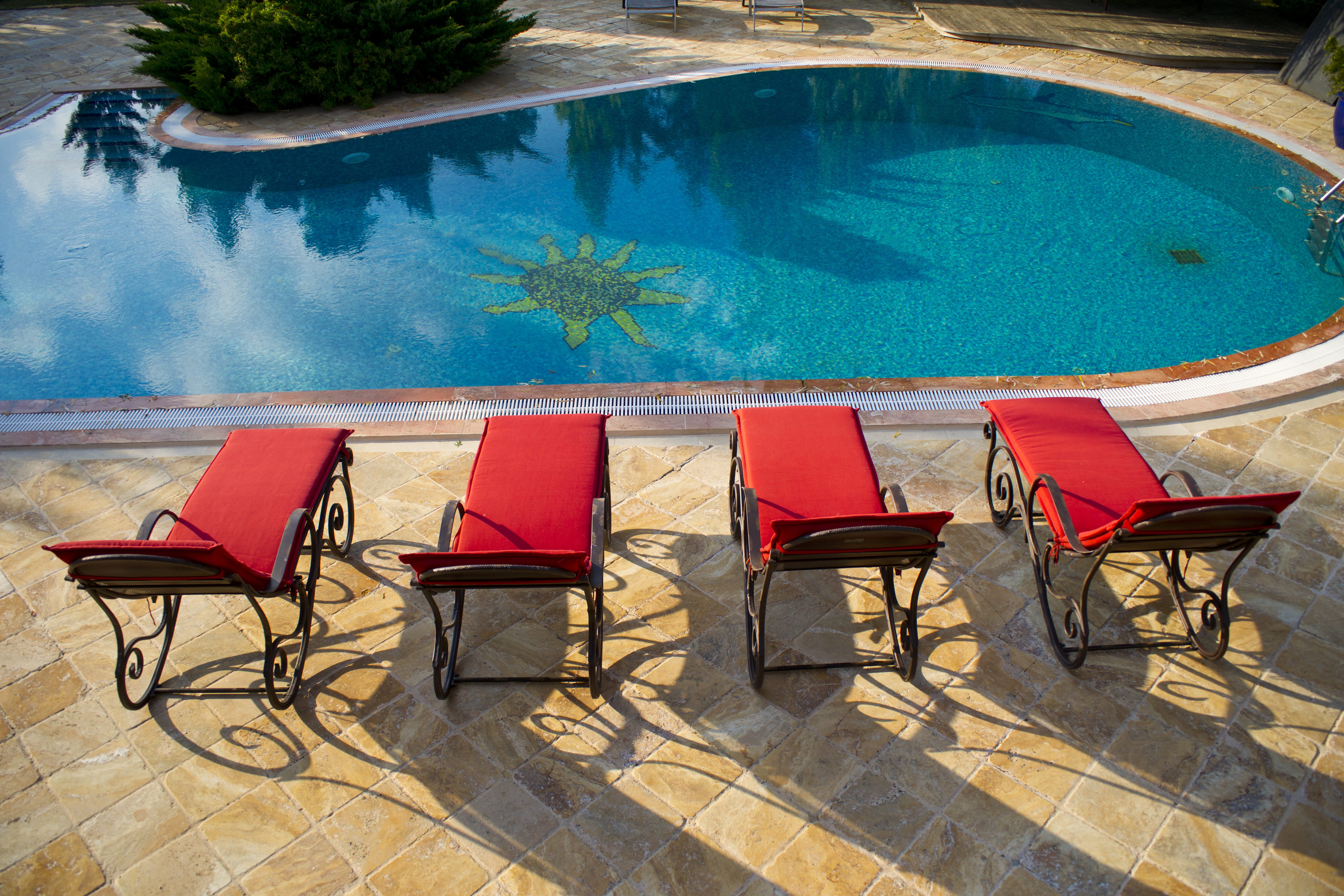 relax, poolside, seat, beside, red, nature, high angle view, photo, chair, no people, sunbathing, setting, summer, empty, absence, shadow, blue, hotel, HD Wallpaper