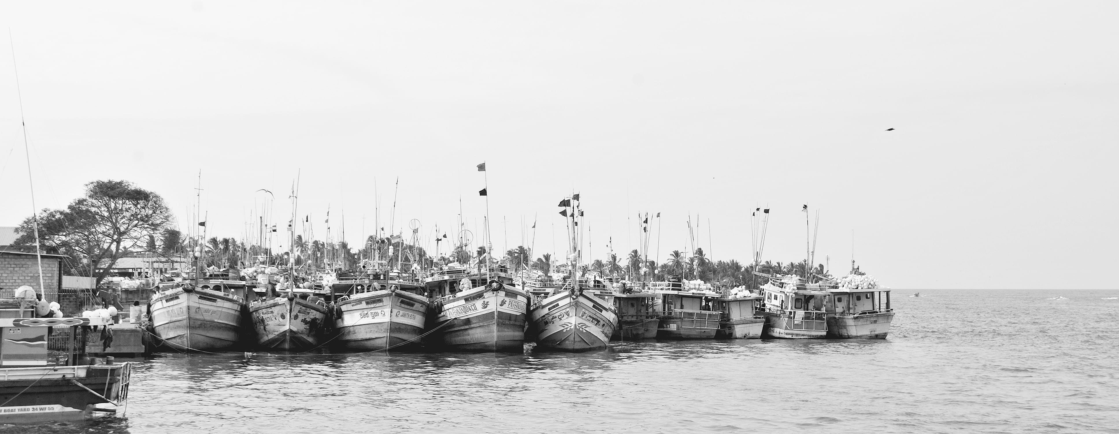 boats, black and white, transportation, day, sailboat, travel, built structure, nature, mode of transportation, pattern, negombo, 4K, sky, clear sky, travel destinations, HD Wallpaper