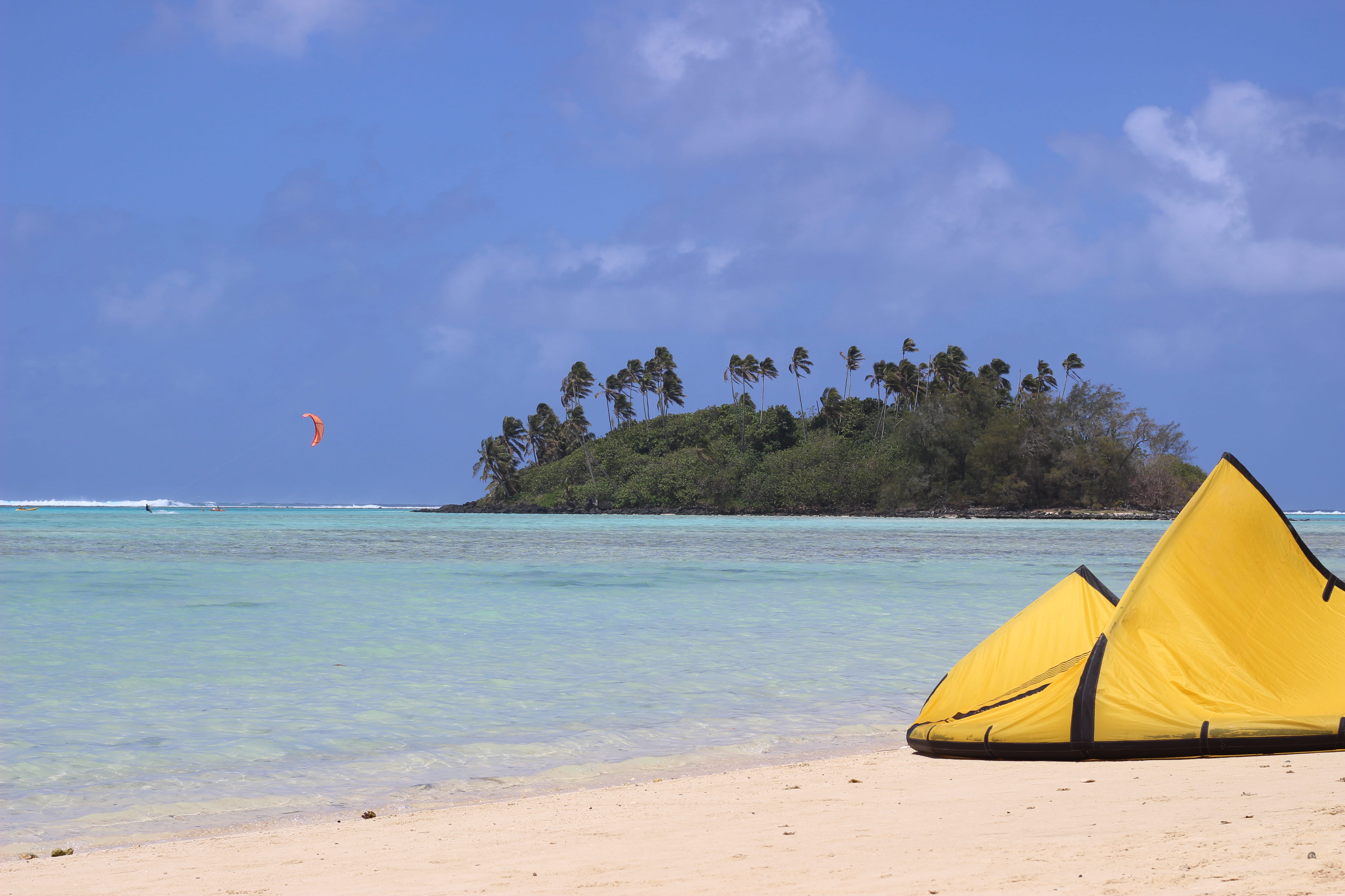 cook islands, palm, green, tranquil scene, 5K, sand, water sports, island, sailboat, water, idyllic, kite surfing, horizon over water, rarotonga, outdoors, HD Wallpaper