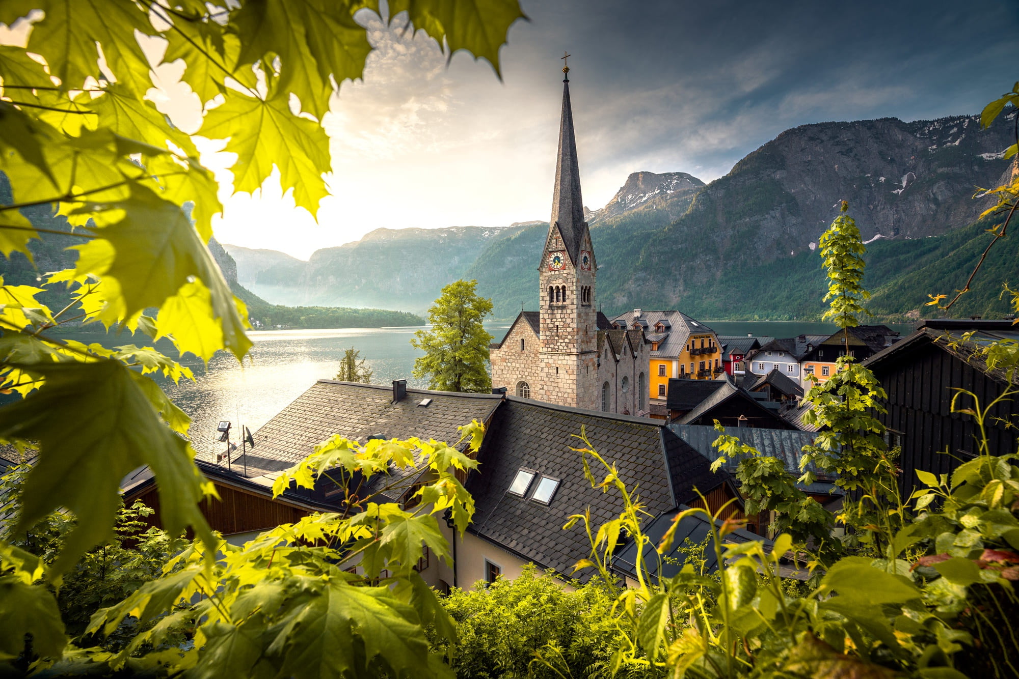 town, tower, lake, Hallstatt, Austria, mountains, roof, Church, home, community, Ilhan Eroglu, 1080P, leaves, HD Wallpaper