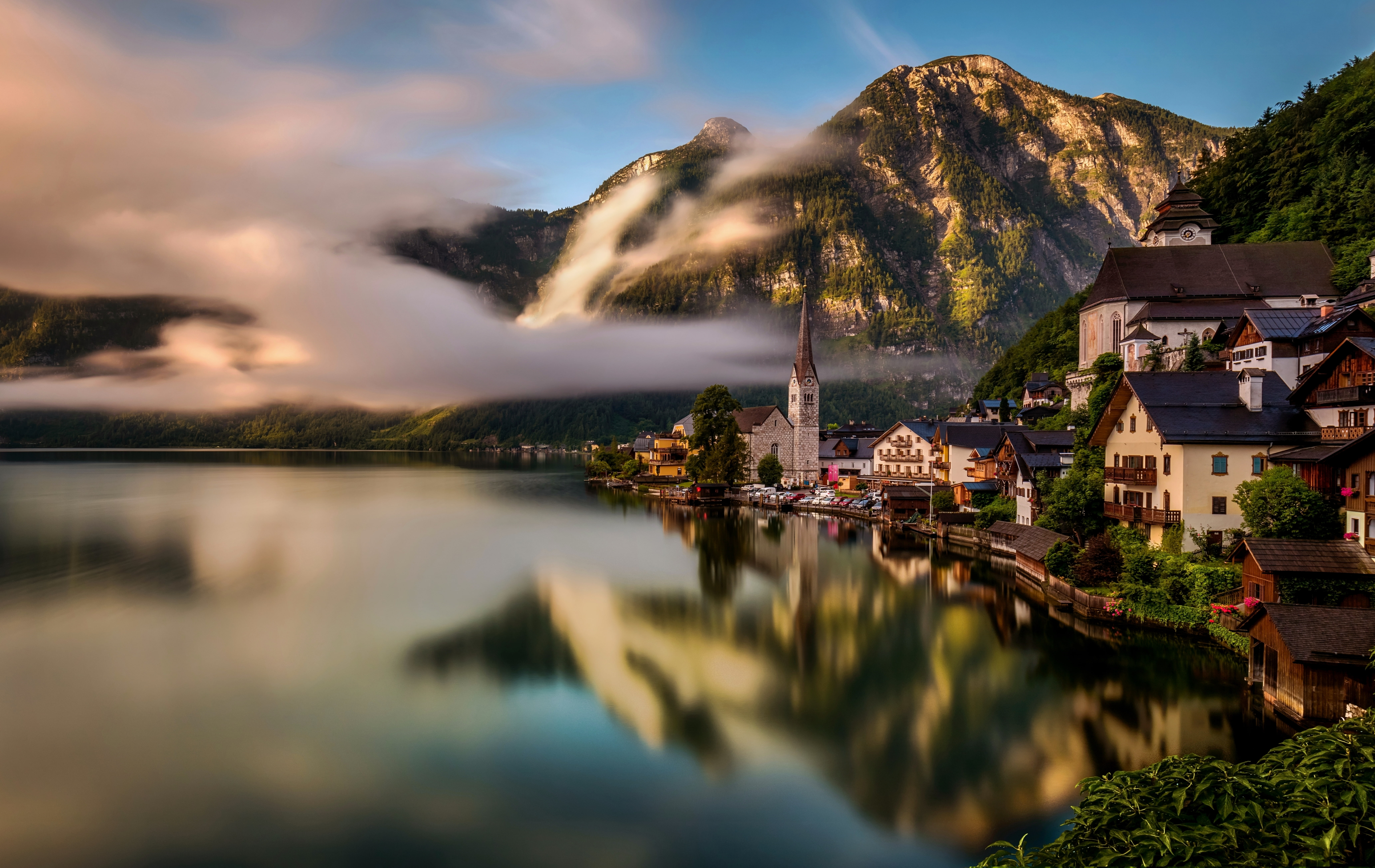 hallstatt, village, lake, austria, buildings, clouds, Landscape, reflection, mountain, 8K, HD Wallpaper