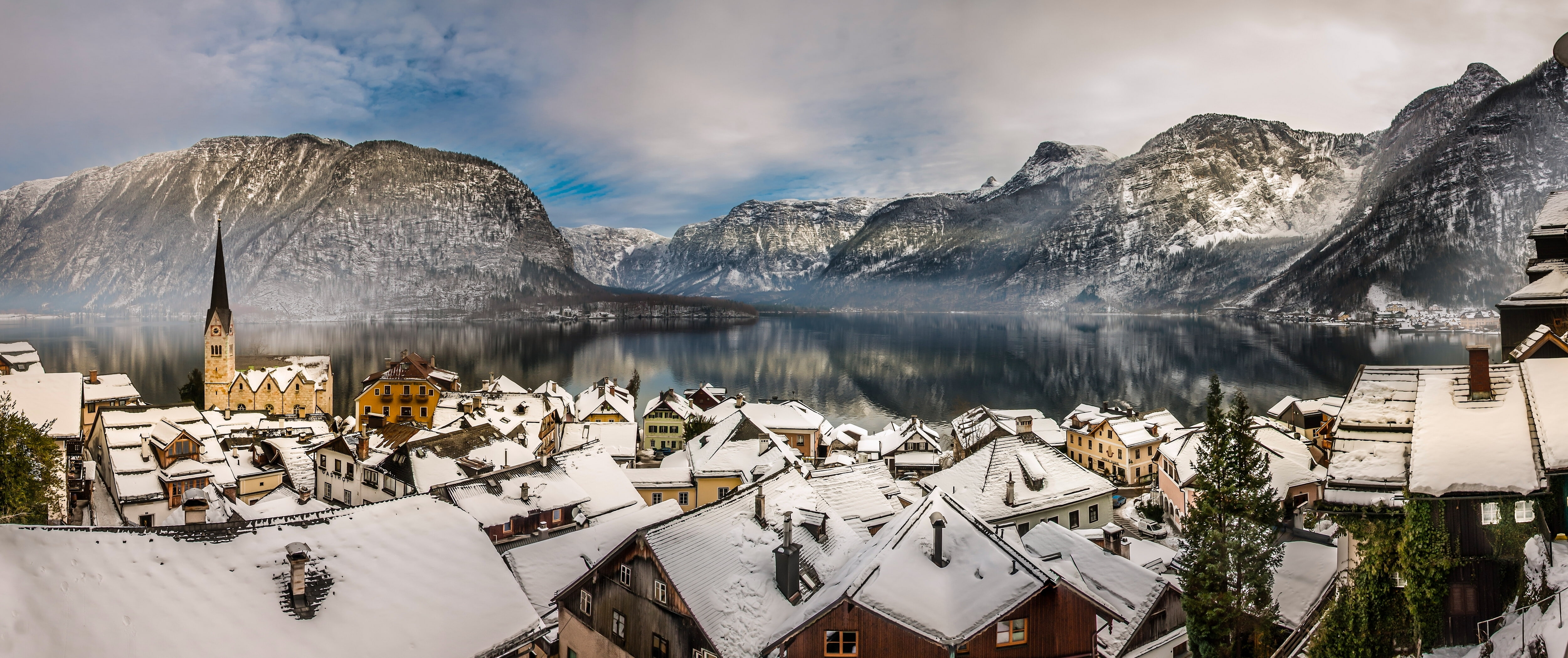cold - Temperature, village, near, ice, body, mountain Range, no people, nature, Alps, panoramic, panorama, urban Scene, summer, outdoors, mountain, Hallstatt, HD Wallpaper