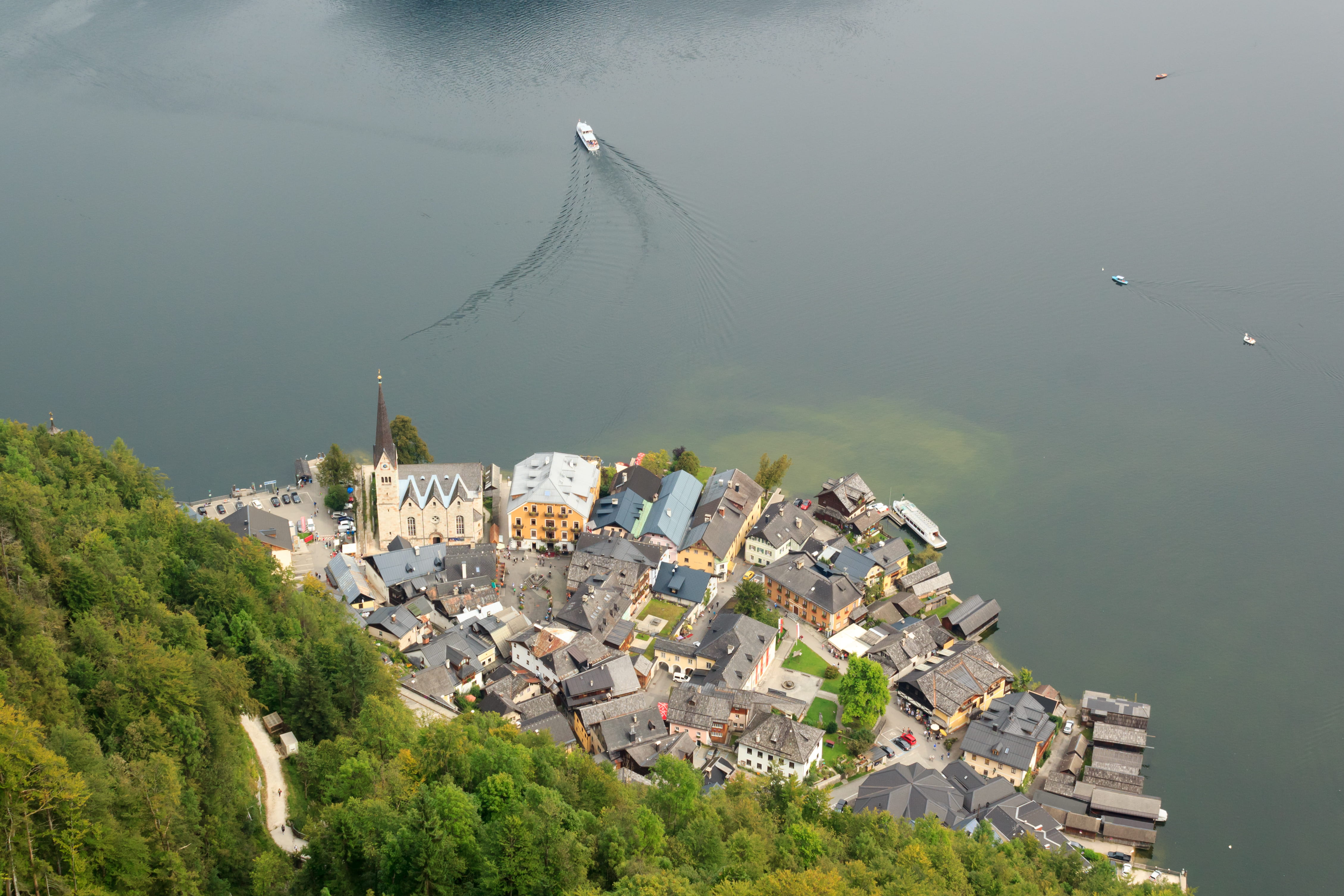 austria, plant, from above, historic, town, village, built structure, building, architecture, water, green, outdoors, townscape, forest, tree, high angle view, HD Wallpaper