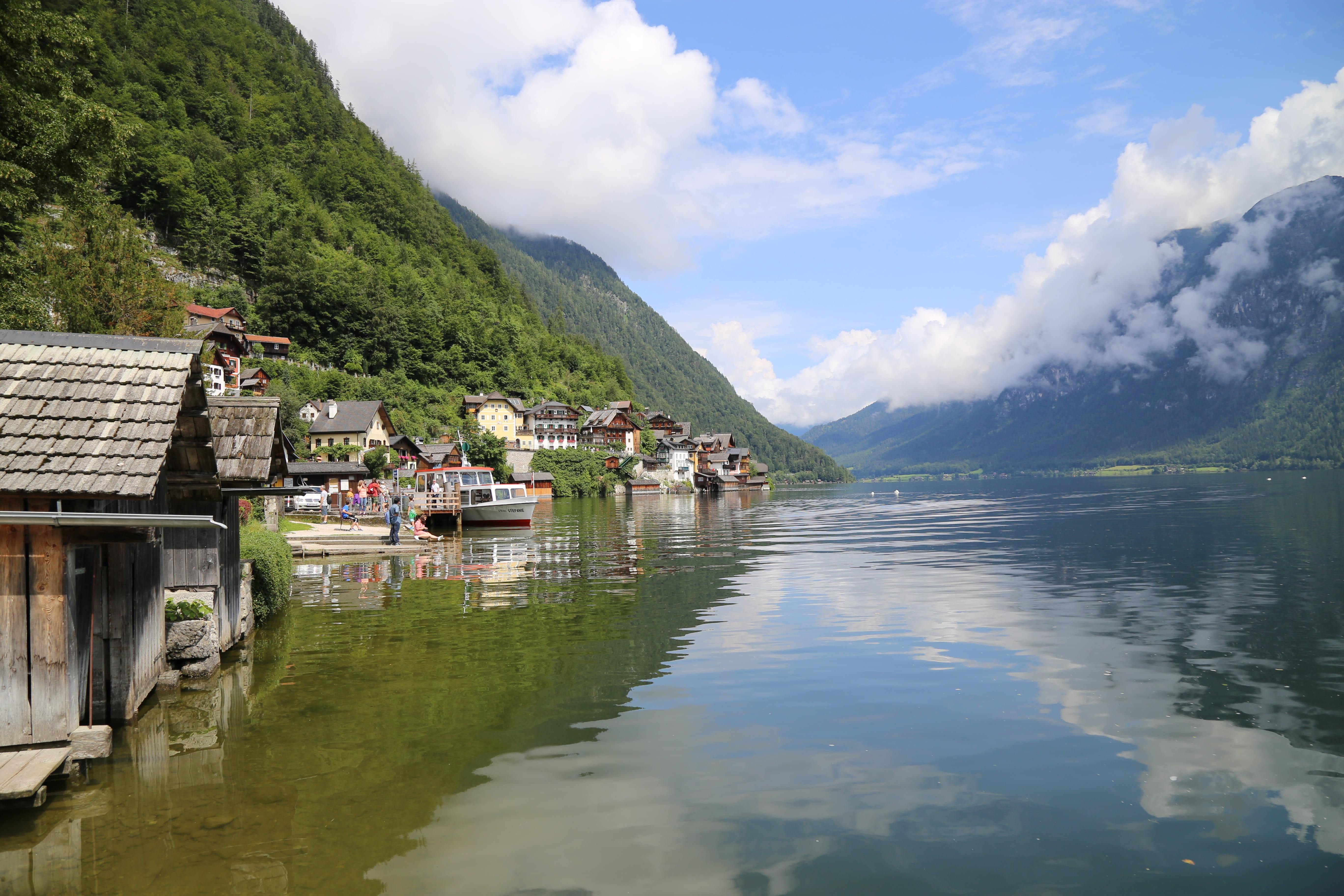 day, reflection, scenics - nature, house, architecture, hallstatt, waterfront, tree, plant, mountain range, building, nature, travel, austria, sky, 5K, HD Wallpaper