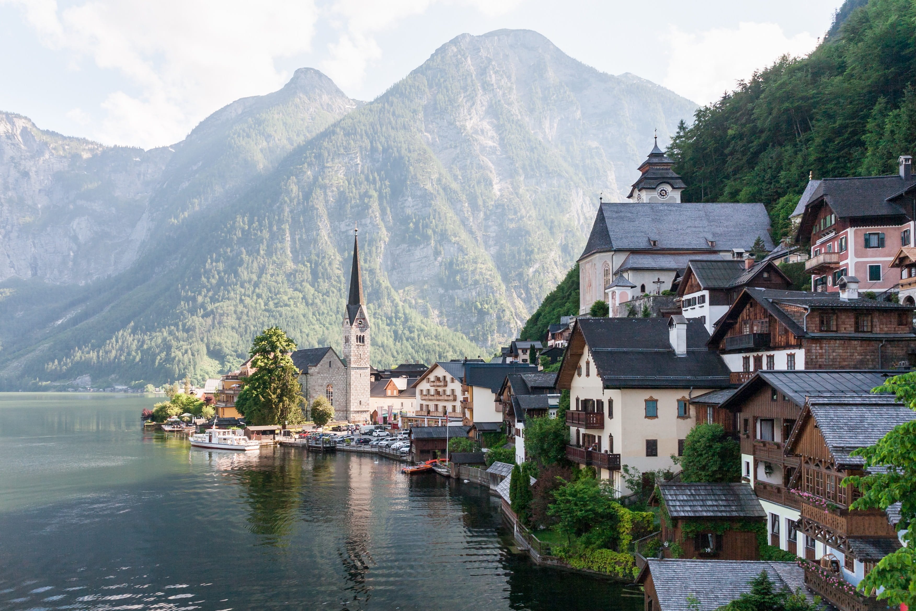 town, mountains, urban, landmark, mountain, beauty in nature, architecture, village, mountain range, neighborhood, hallstatt, water, alps, day, religion, HD Wallpaper