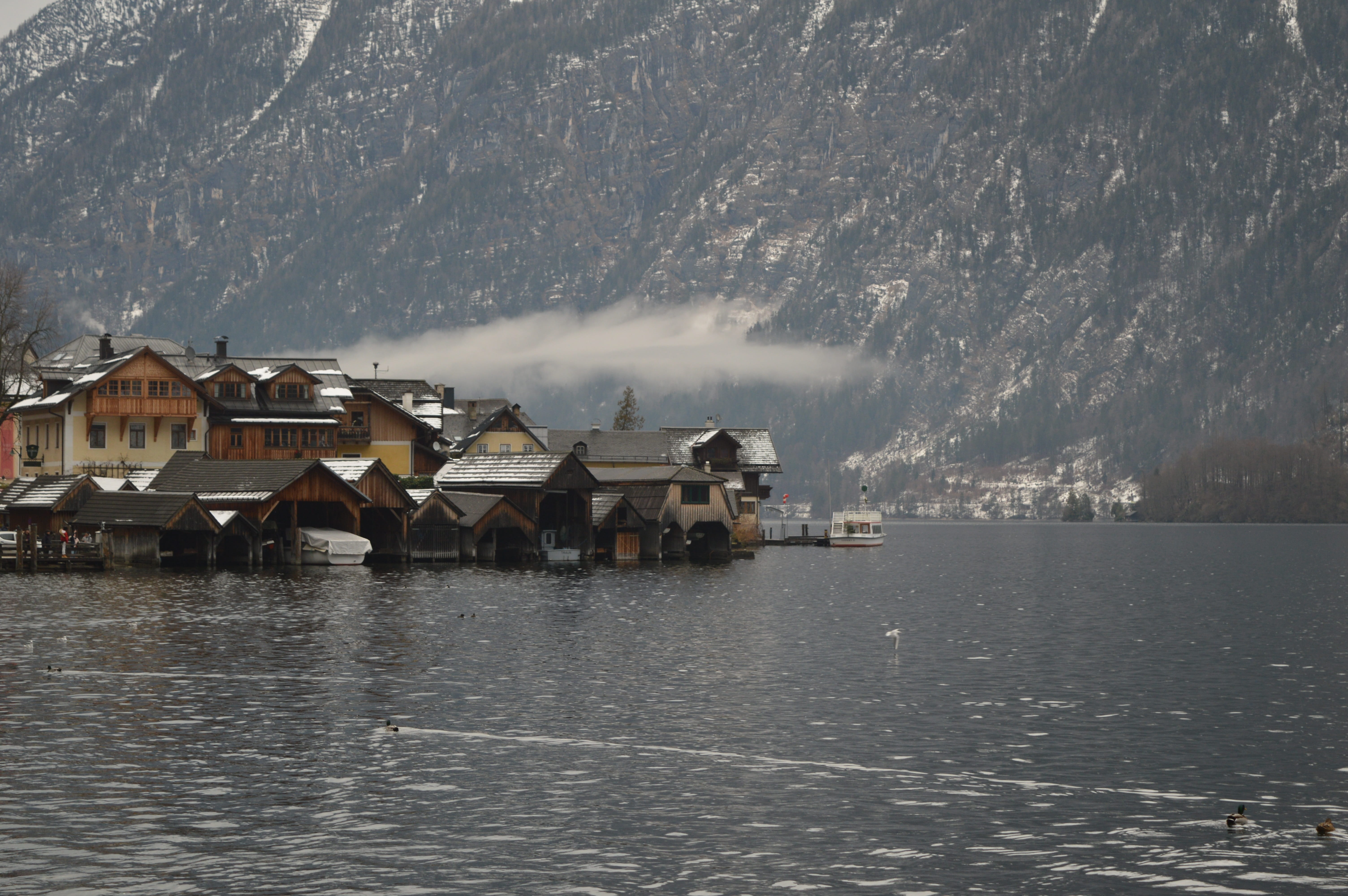 built structure, water, waterfront, 5K, landscape, house, hallstatt, building exterior, beauty in nature, scenics - nature, day, fog, lake, no people, HD Wallpaper
