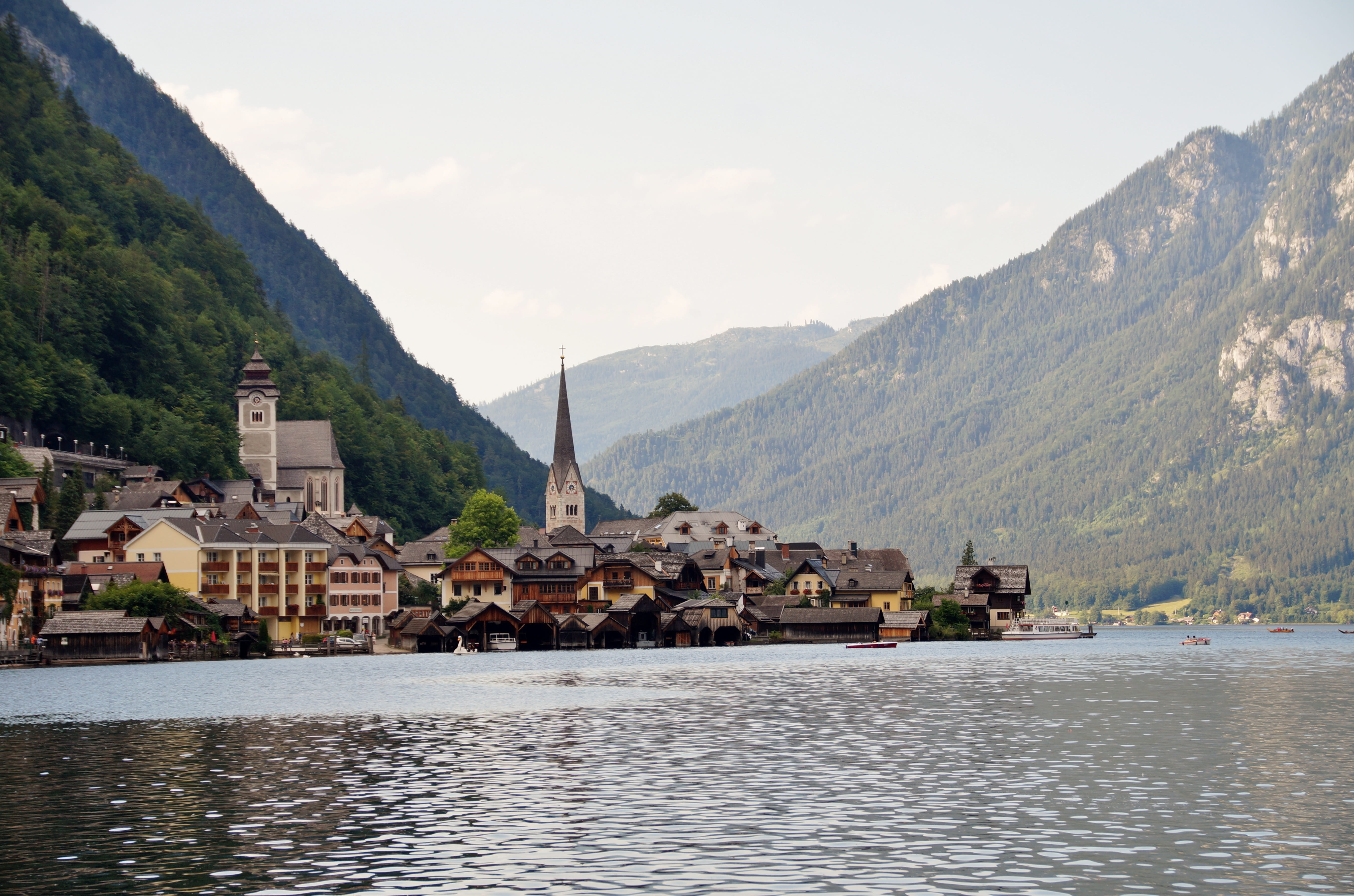 city, summer, travel destinations, 5K, water, outdoors, building exterior, nature, building, austria, church, hallstatt, scenics - nature, lake, wooden, HD Wallpaper
