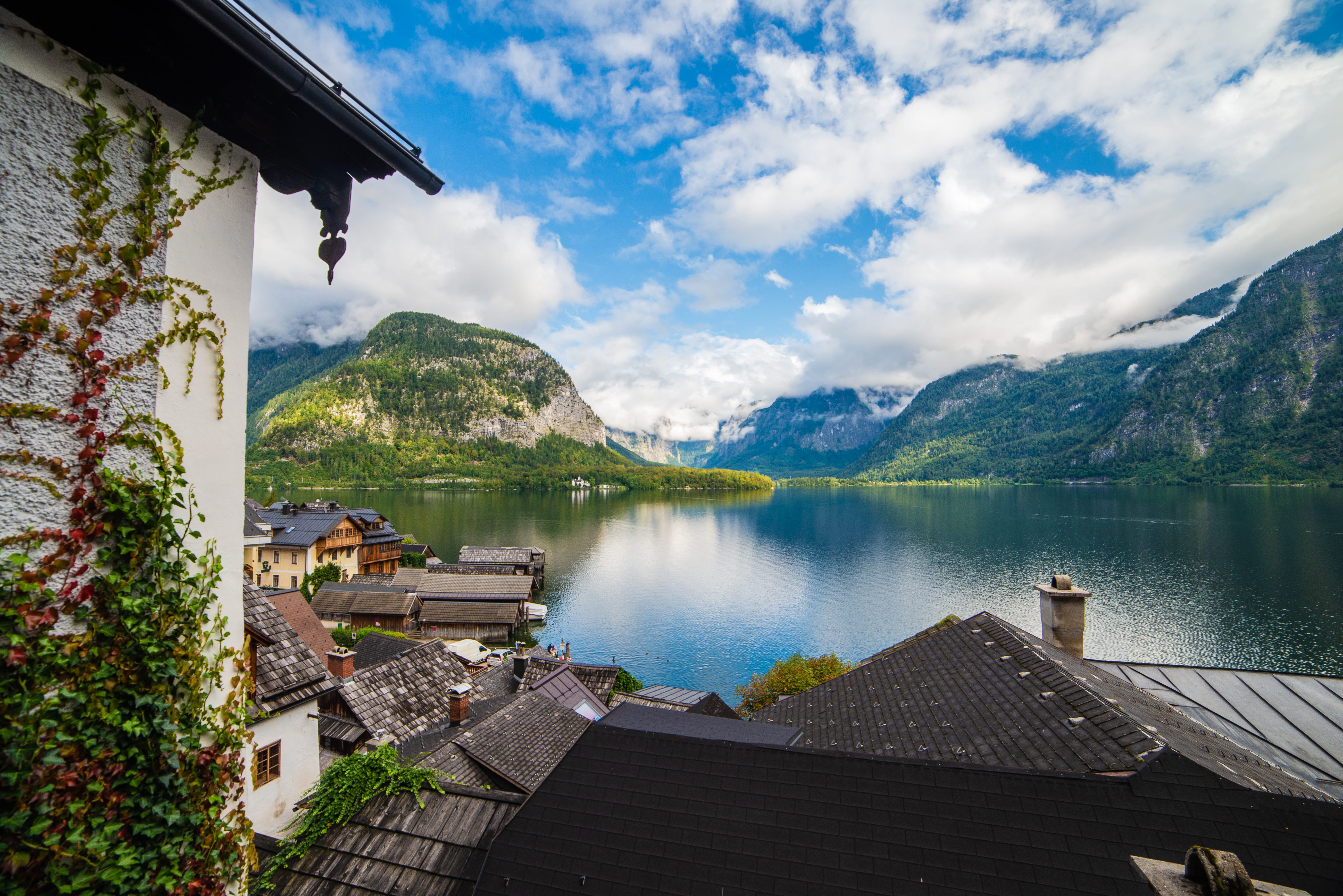 cloud - sky, outdoor, day, tranquility, mountain, europe, landscape, building exterior, no people, sky, town, hallstatt, building, built structure, water, HD Wallpaper