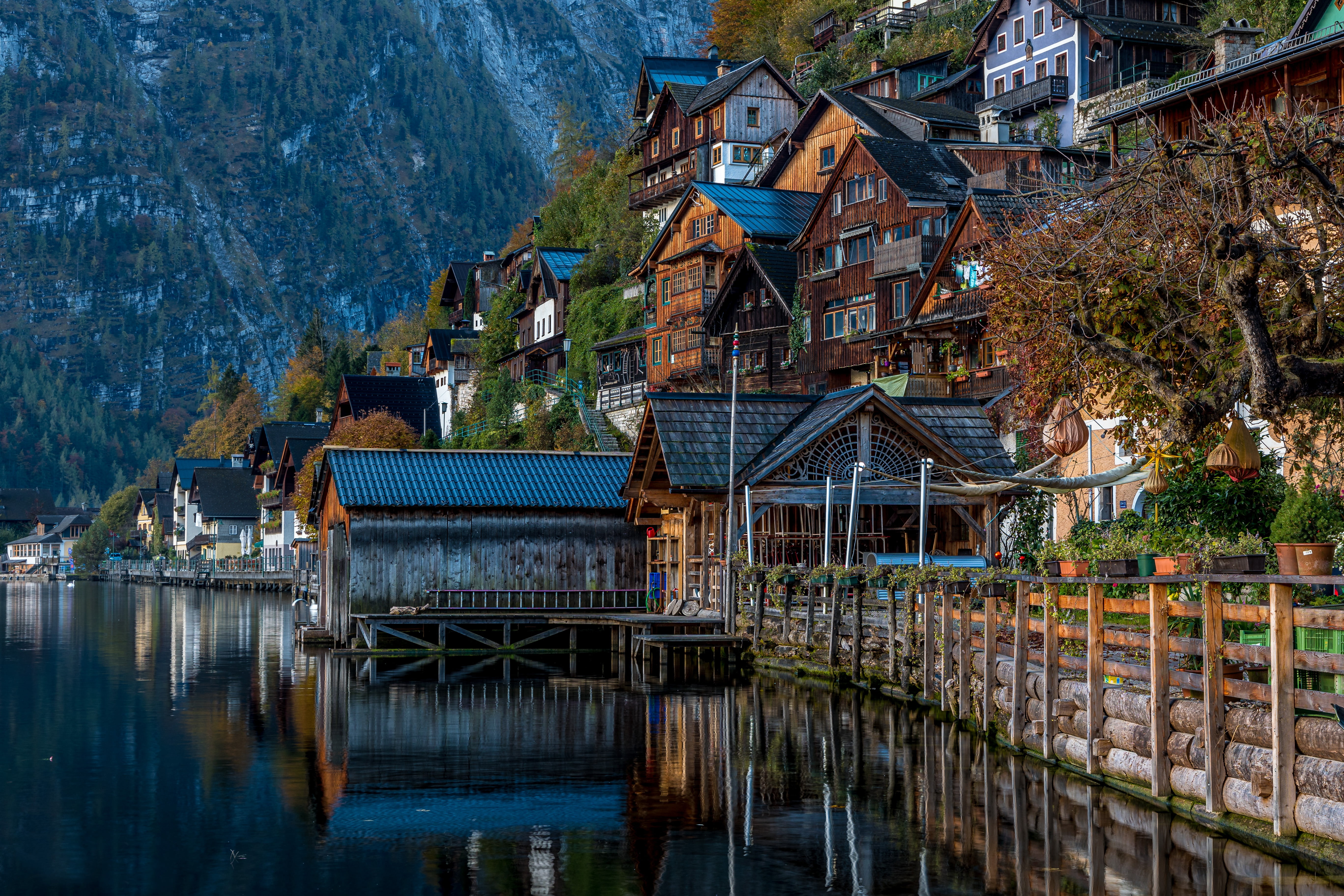 home, Hallstatt, 5K, building, slope, promenade, Lake Hallstatt, Austria, lake, HD Wallpaper