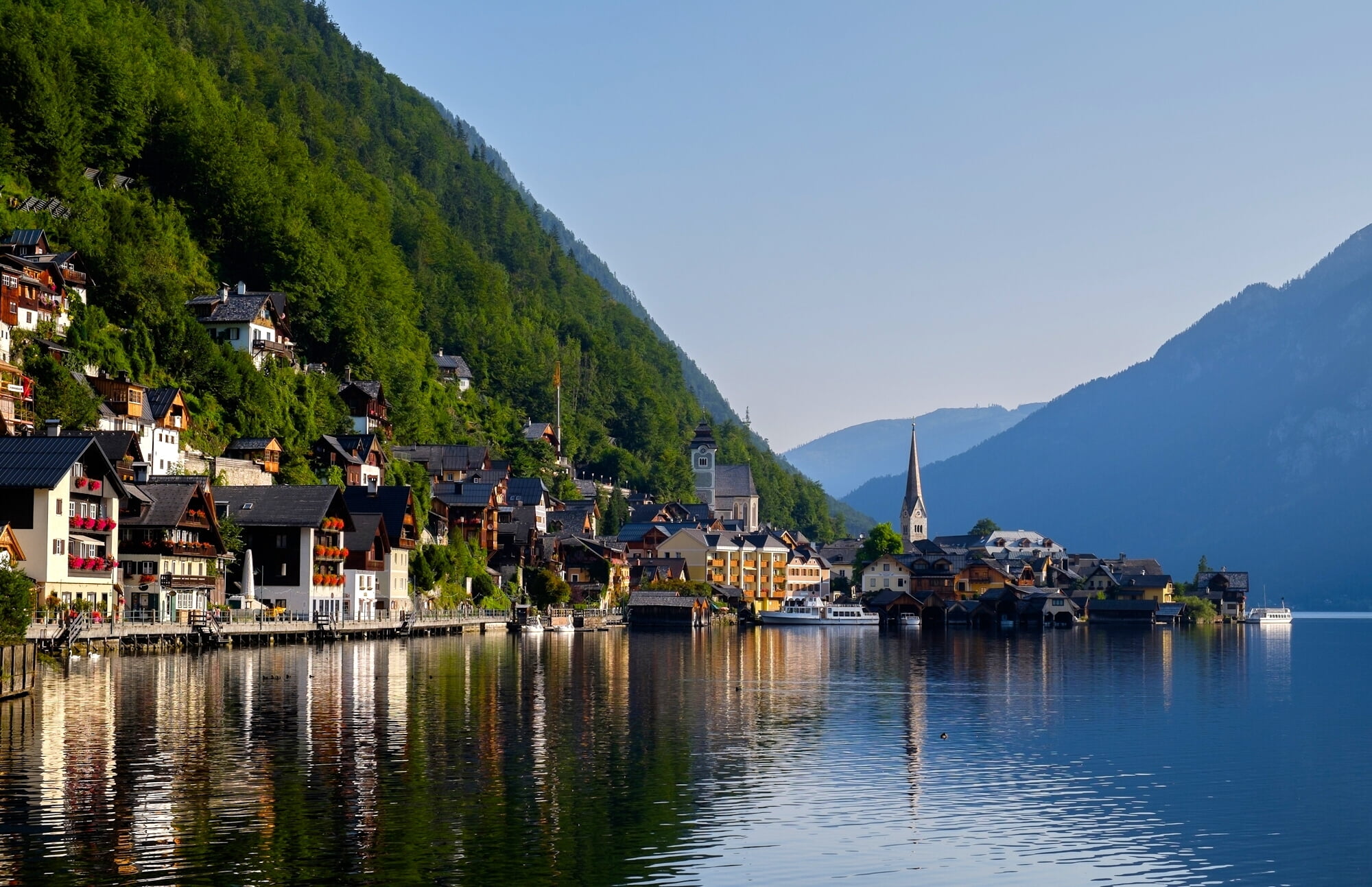 tree, Alps, residential district, cinque, mountain, Lake Hallstatt, nature, Austria, townscape, waterfront, beauty in nature, home, mountains, 1080P, plant, HD Wallpaper