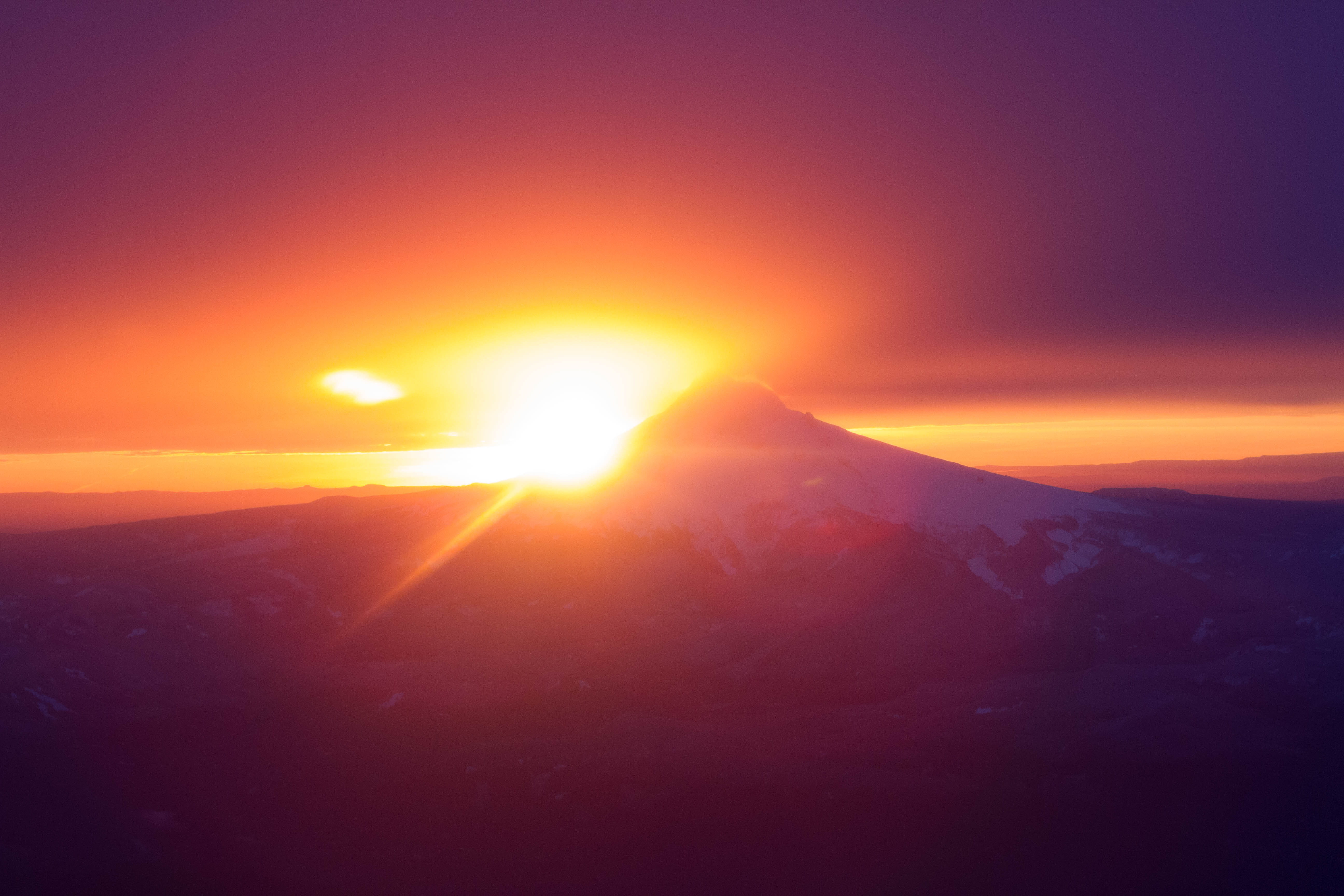power in nature, tranquility, snow, mountain, mount hood, mt, big, 5K, scenics - nature, land, lens flare, environment, hood river, sunset, window seat, HD Wallpaper