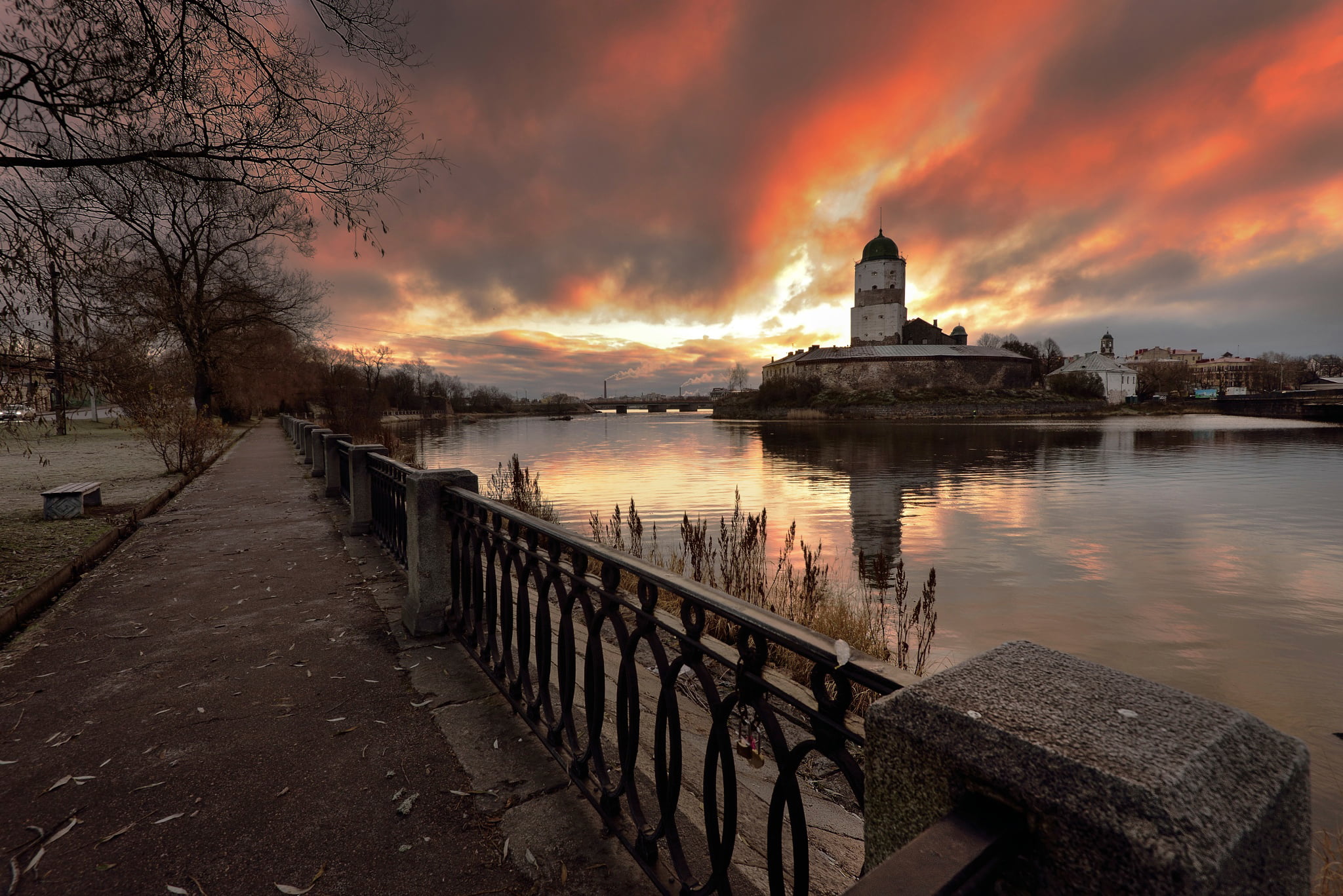 no people, architecture, Vyborg, history, reflection, outdoors, sky, sunset, 1-Nov, building, orange color, concrete, building exterior, 1080P, built structure, HD Wallpaper