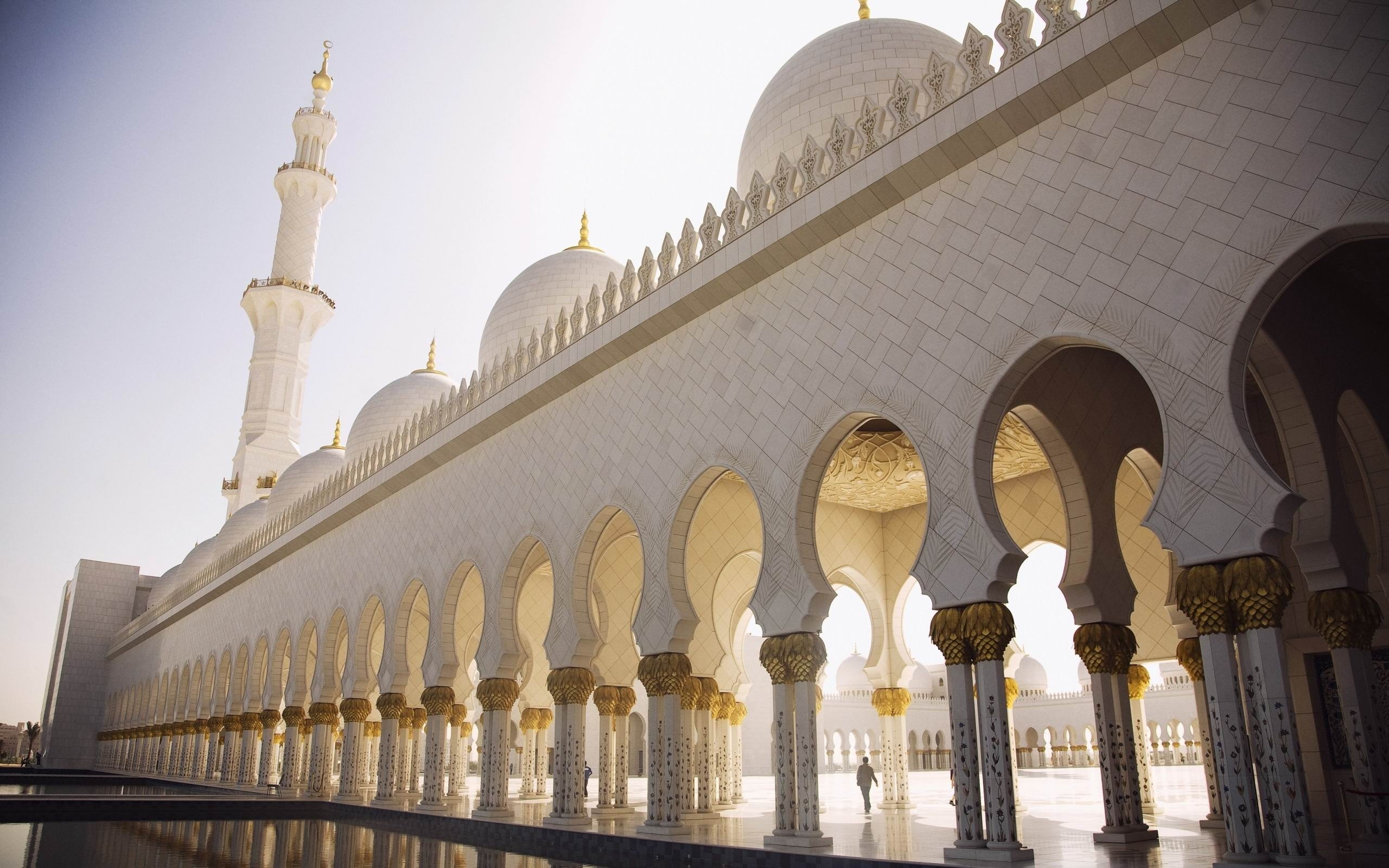 no people, mosque, dhabi, built structure, travel destinations, ornate, architecture, courtyard, sky, arch, tourism, belief, outdoors, cities, low angle view, HD Wallpaper