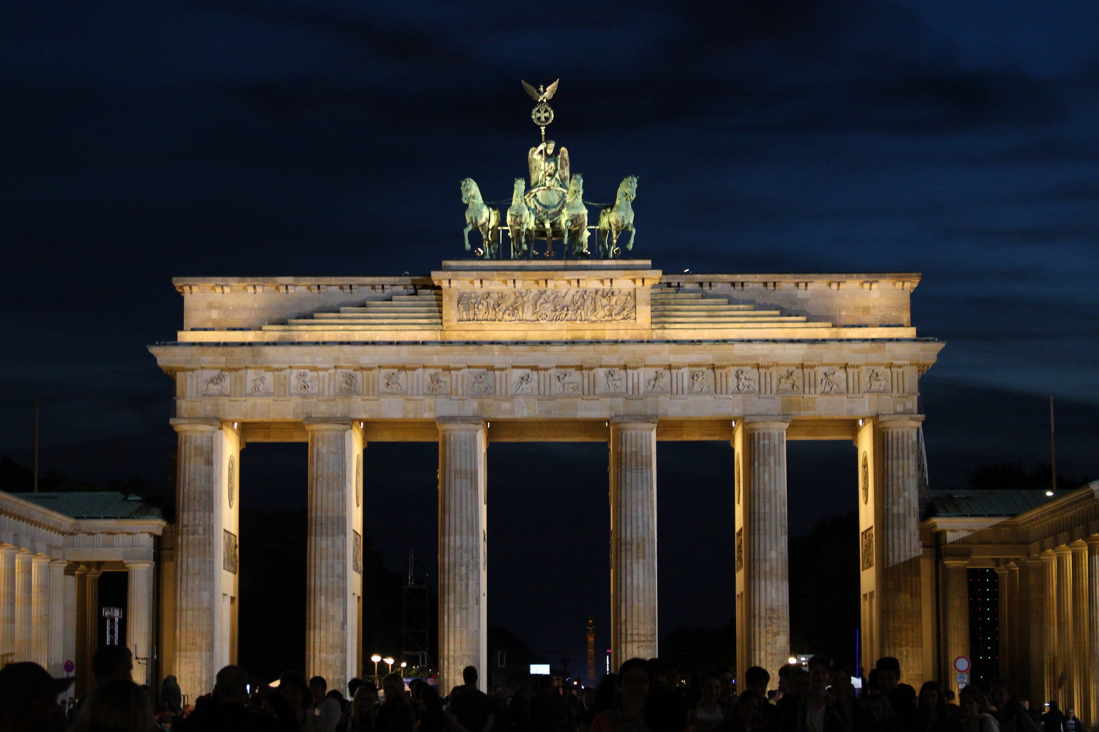 travel destinations, 2K, capital, Landmark, building exterior, germany, atmospheric, evening, brandenburg, architecture, sky, human, monument, contrast, HD Wallpaper
