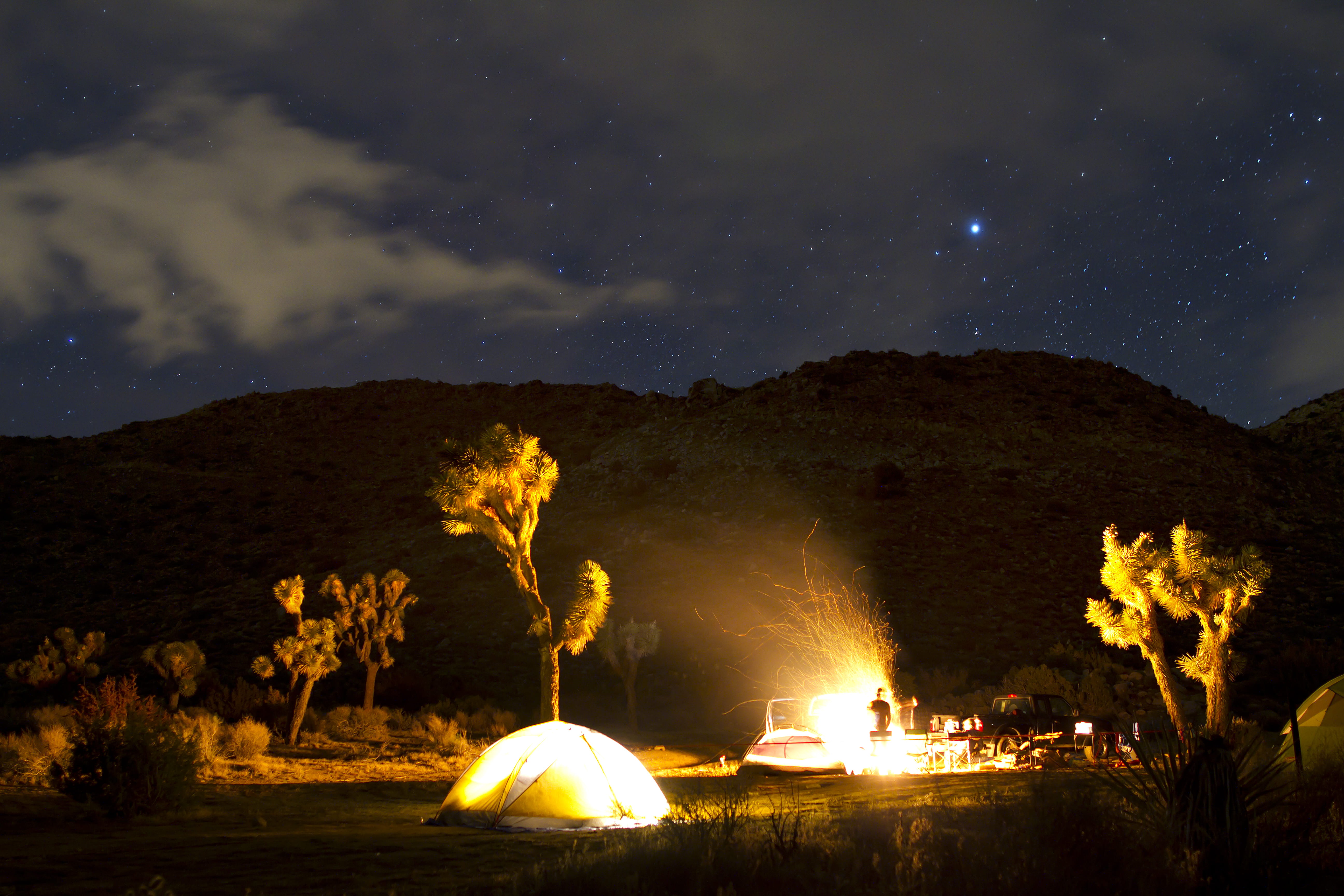 sky, tent, plant, mountain, milky way, night, heat - temperature, environment, space, astronomy, fire, stars, outdoors, burning, land, moon, night photography, HD Wallpaper