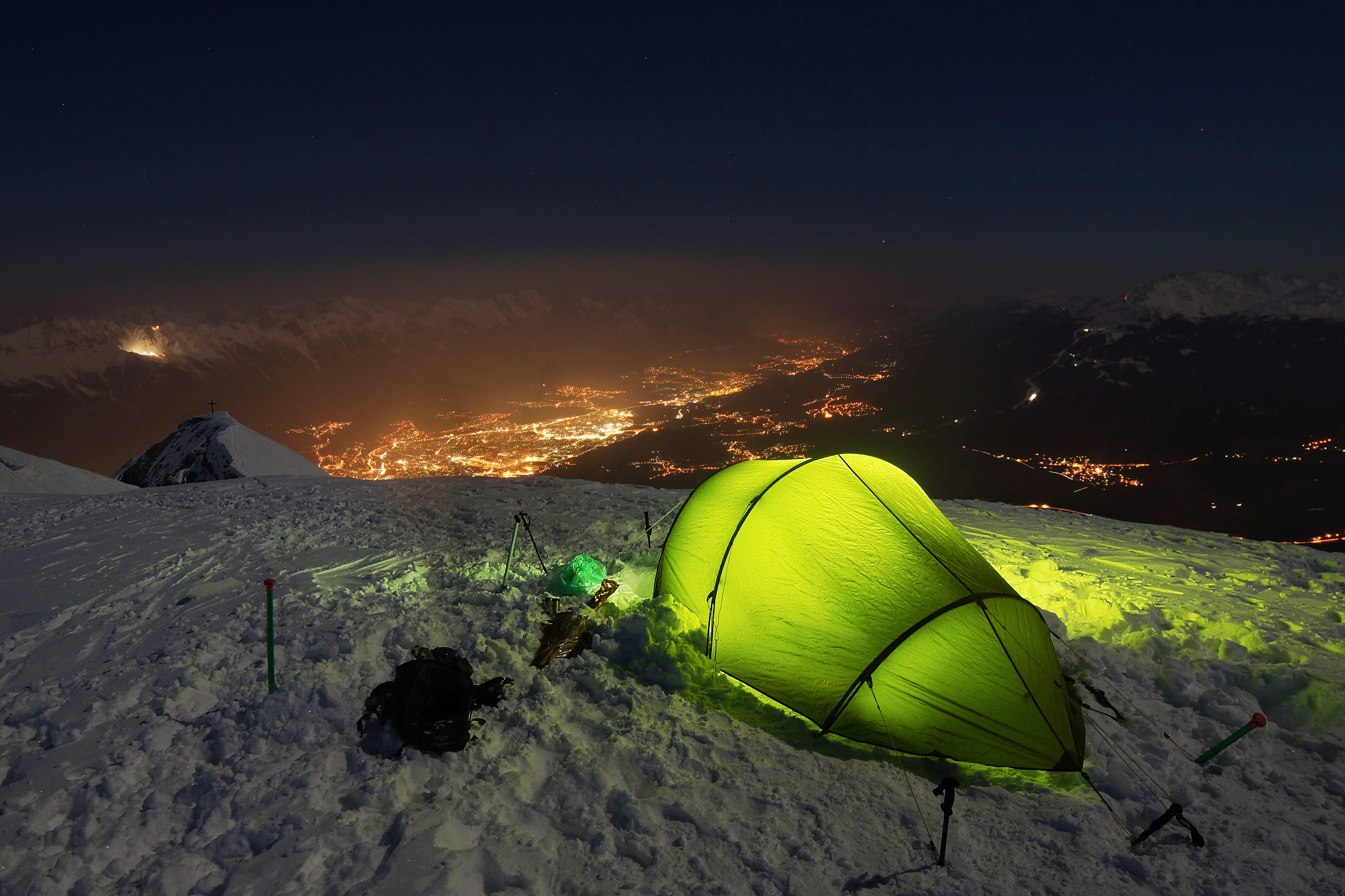beauty in nature, no people, summit, snow, sky, mountain range, photo, mountain peak, illuminated, camping, scenics - nature, green dome, snowcapped mountain, HD Wallpaper
