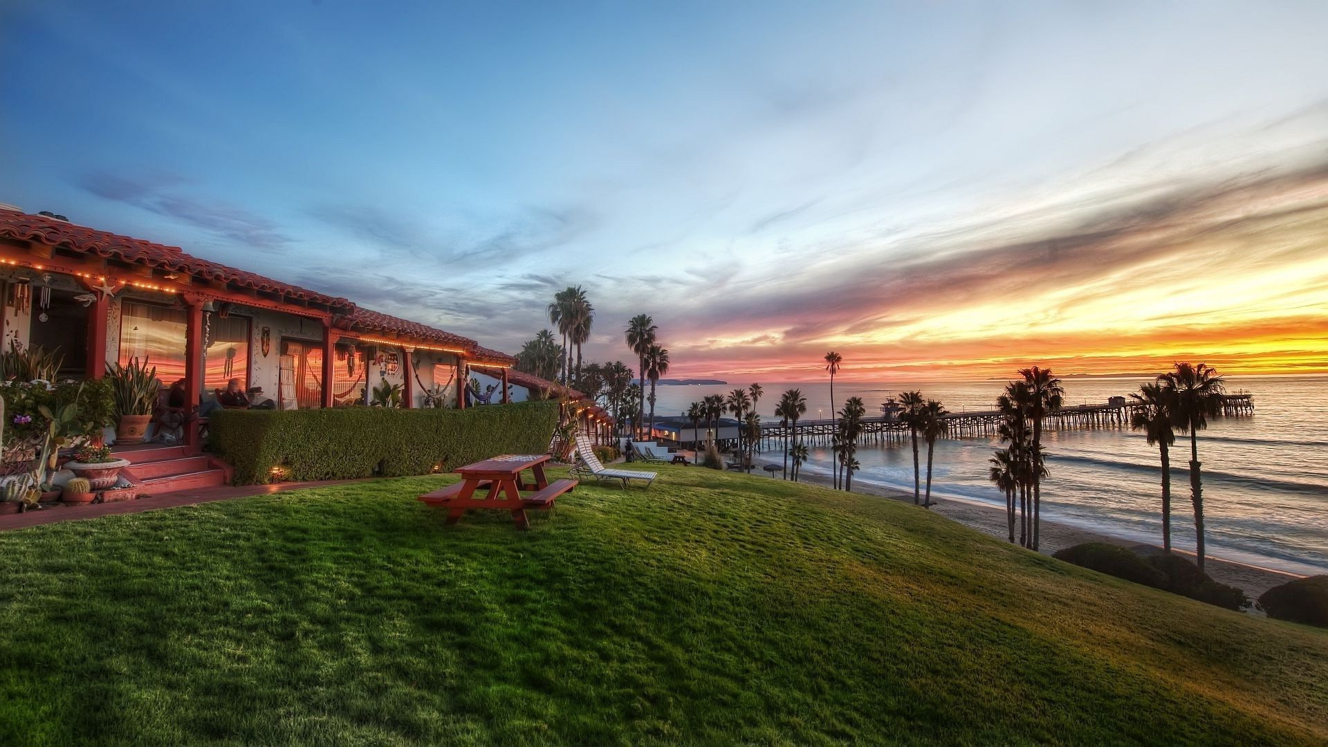 bench, cottage, 1080P, pier, 1920x1080  .World, 4k pics, shore, sunset, tree, ocean, HD Wallpaper