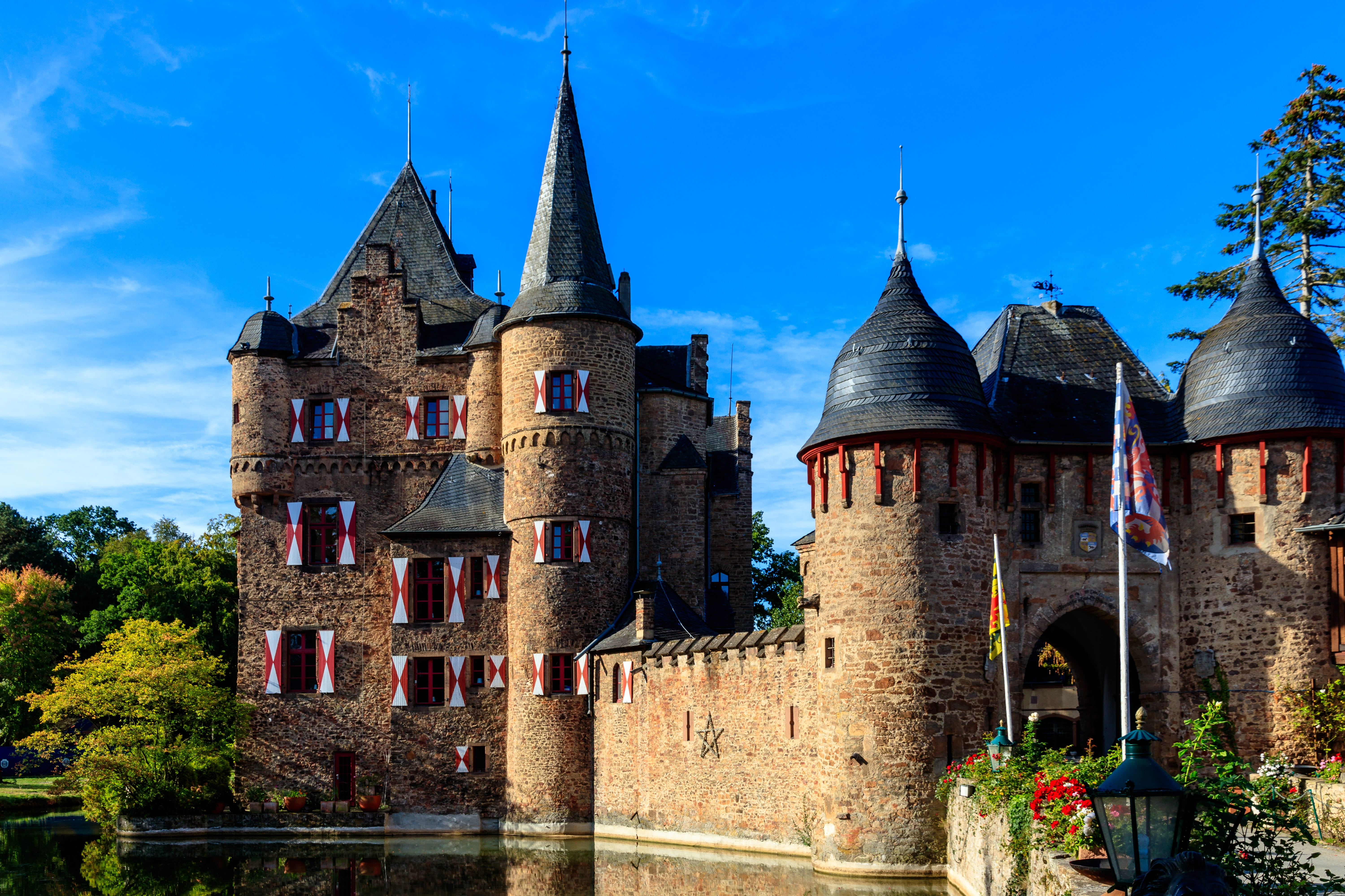 castle, building exterior, blue, towers, place of worship, no people, nature, burg satzvey, masonry, spire, sky, the past, middle ages, germany, built structure, HD Wallpaper