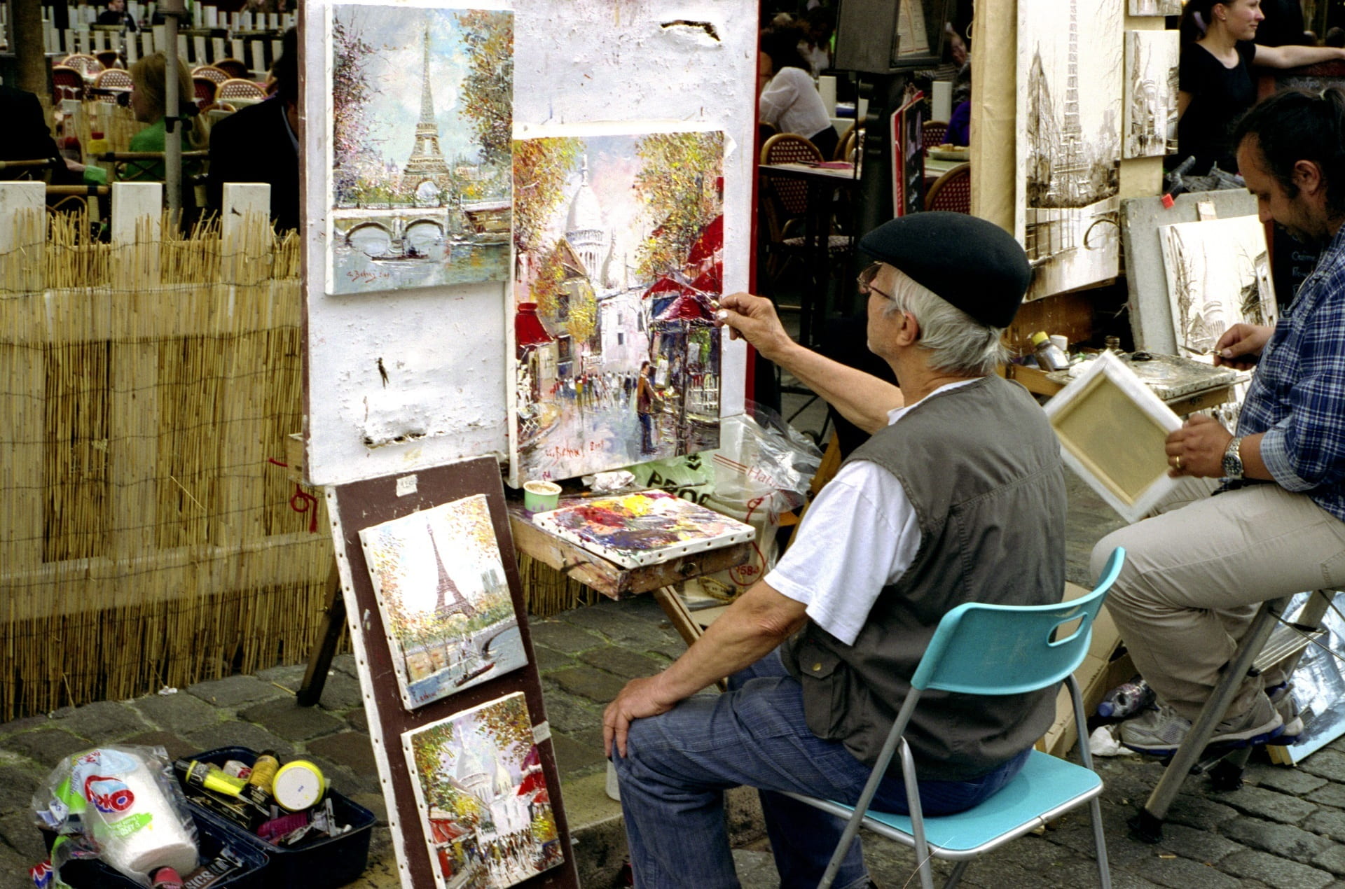 painting, paris, high angle view, business, montmartre, seated, chair, france, parisian, colorful, portrait, small business, brushes, artistic, easel, for sale, HD Wallpaper