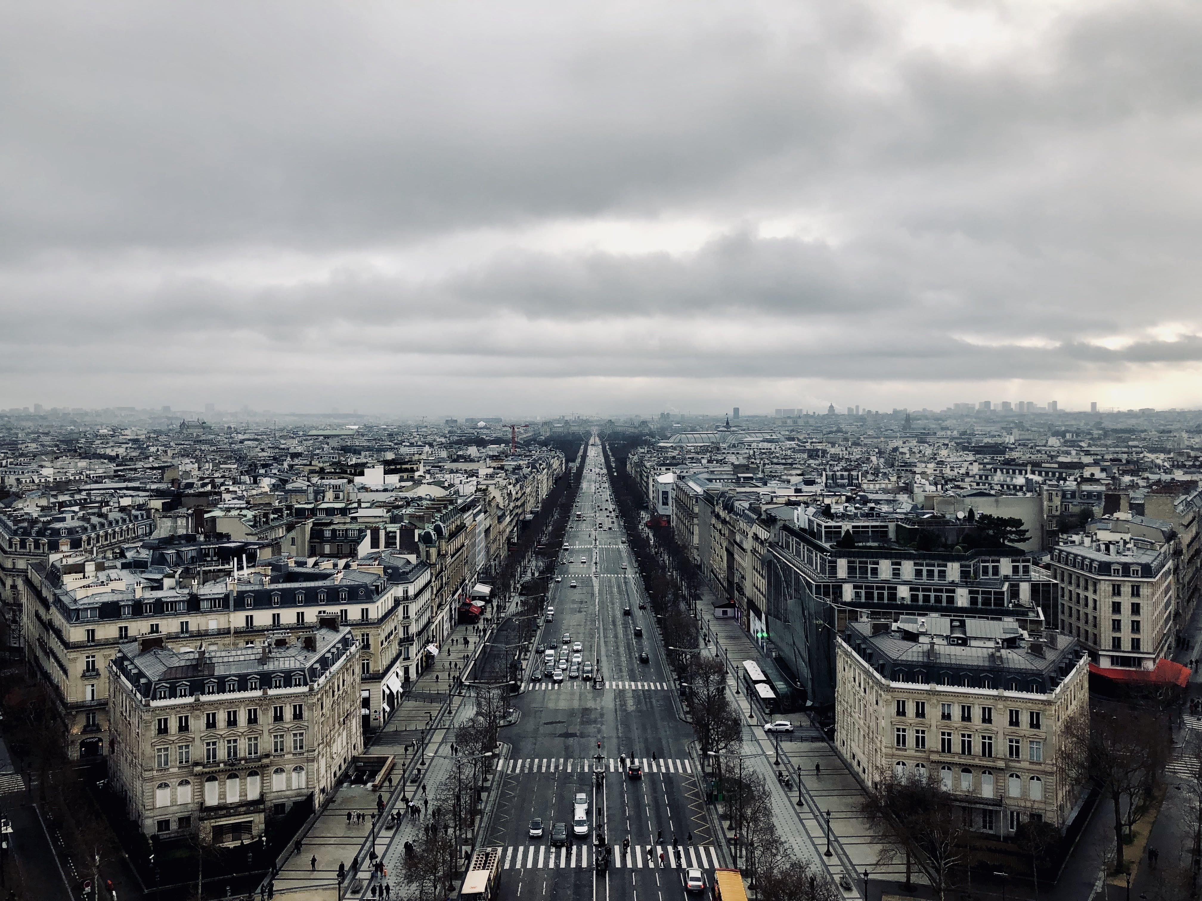 built structure, architecture, diminishing perspective, 1 place charles de gaulle, day, building exterior, champs elysees, cloud - sky, nature, transportation, HD Wallpaper
