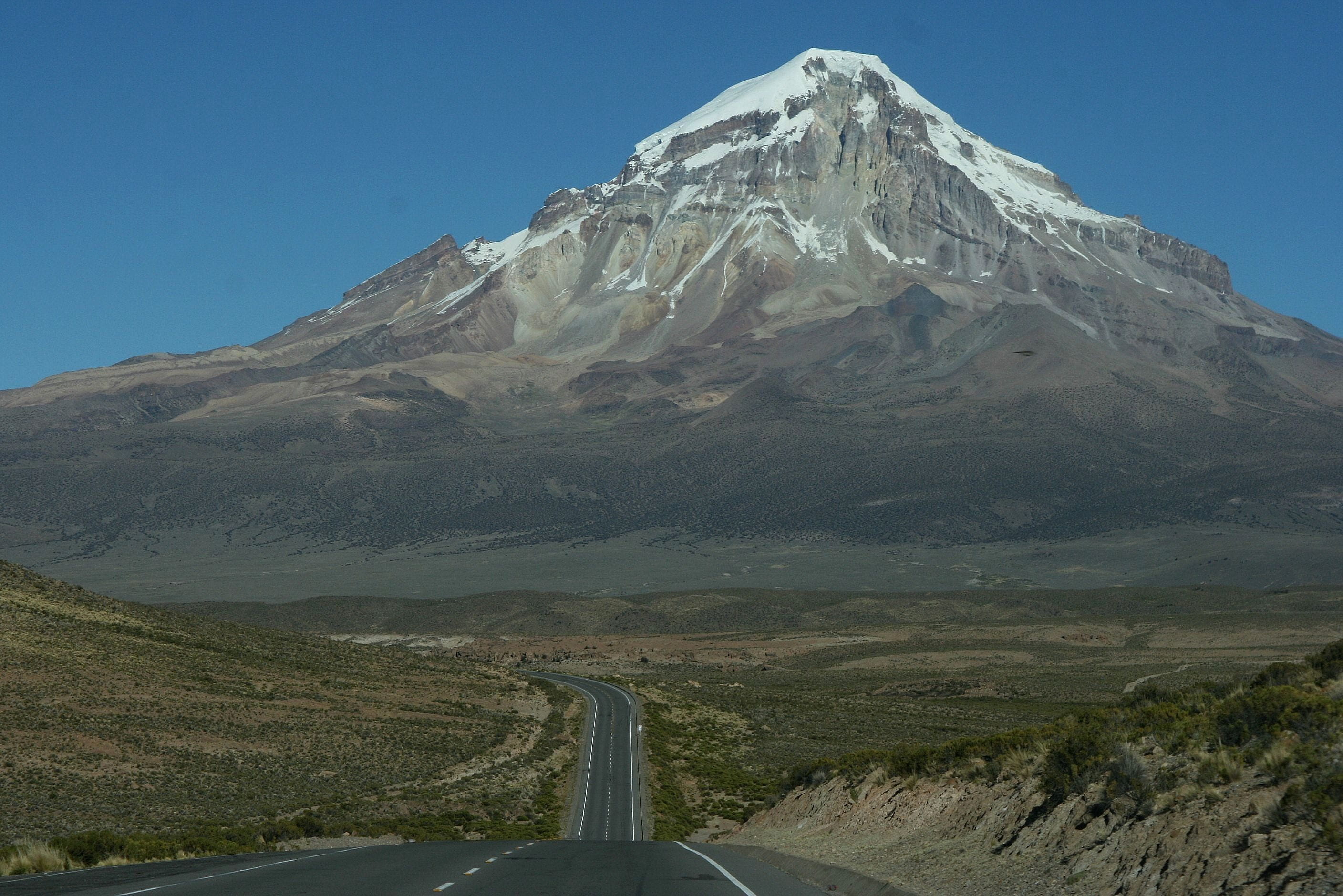snow, mountain, landscape, nature, environment, mode of transportation, no people, Sajama, motor vehicle, 2K, road, travel destinations, transportation, HD Wallpaper