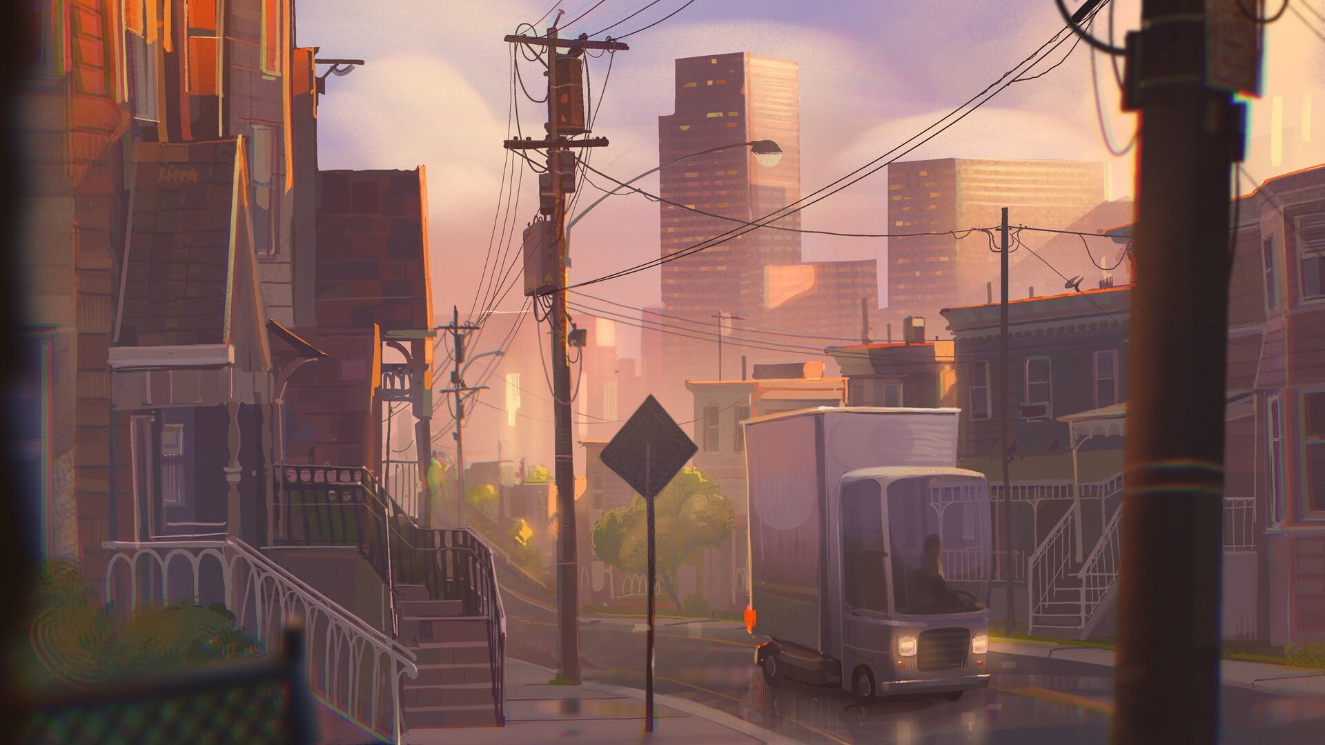 Dan Freitas, digital art, car, cityscape, power lines, 1080P, skyscraper, stairs, street light, road, HD Wallpaper