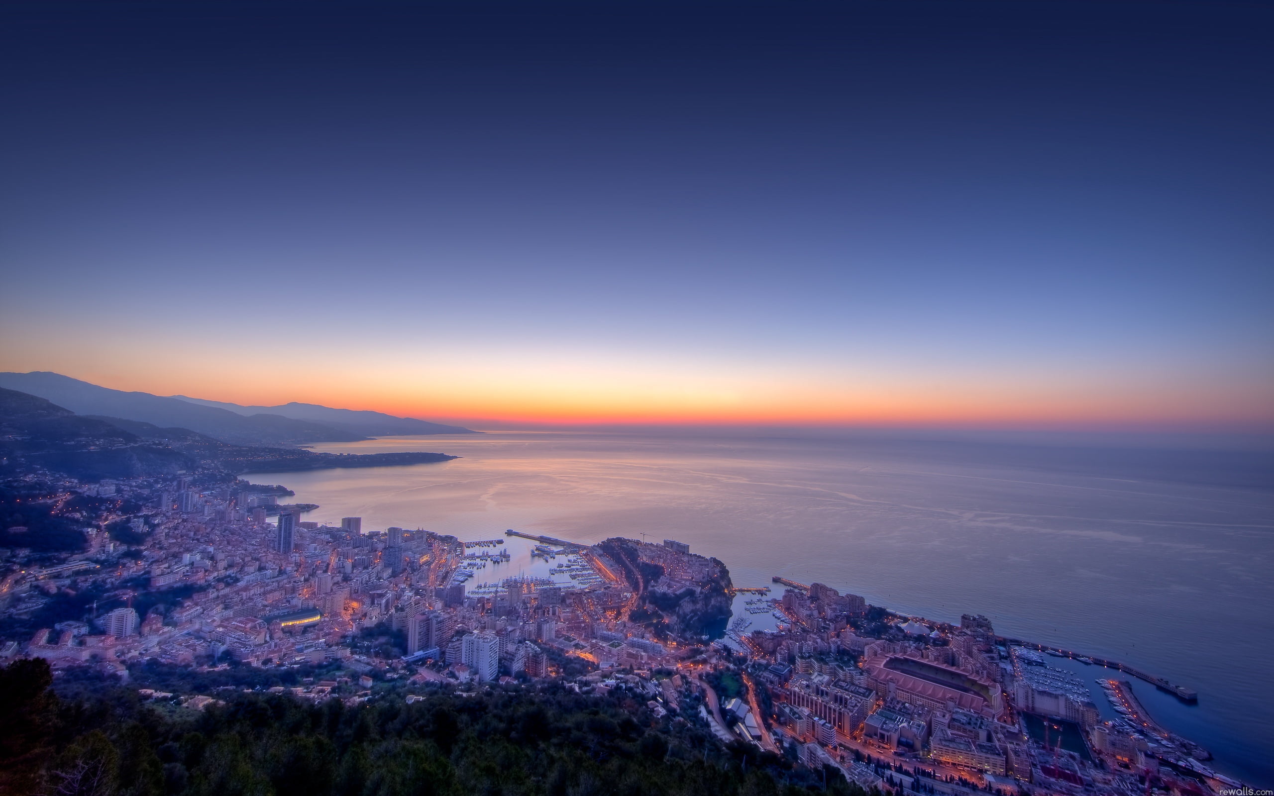urban Skyline, island, monaco, coastline, scenics - nature, concrete, hill, dusk, sunrise - Dawn, sea, 2K, building, urban Scene, beauty in nature, residential district, HD Wallpaper